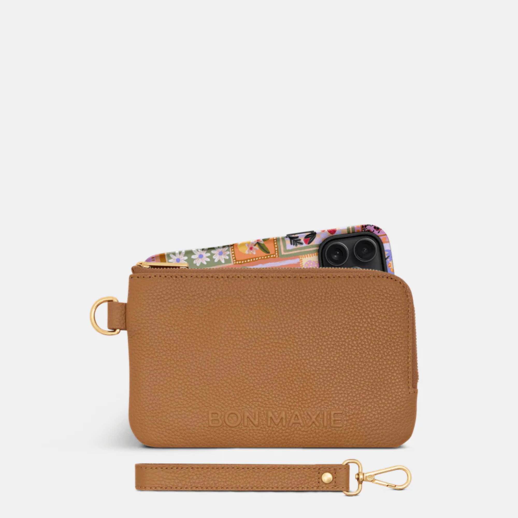 Load video: Phone Wallet Pouch in pebbled leather -- Tan