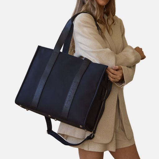 Large Structured Tote Bag in nylon with leather -- Black (Leather/Nylon)