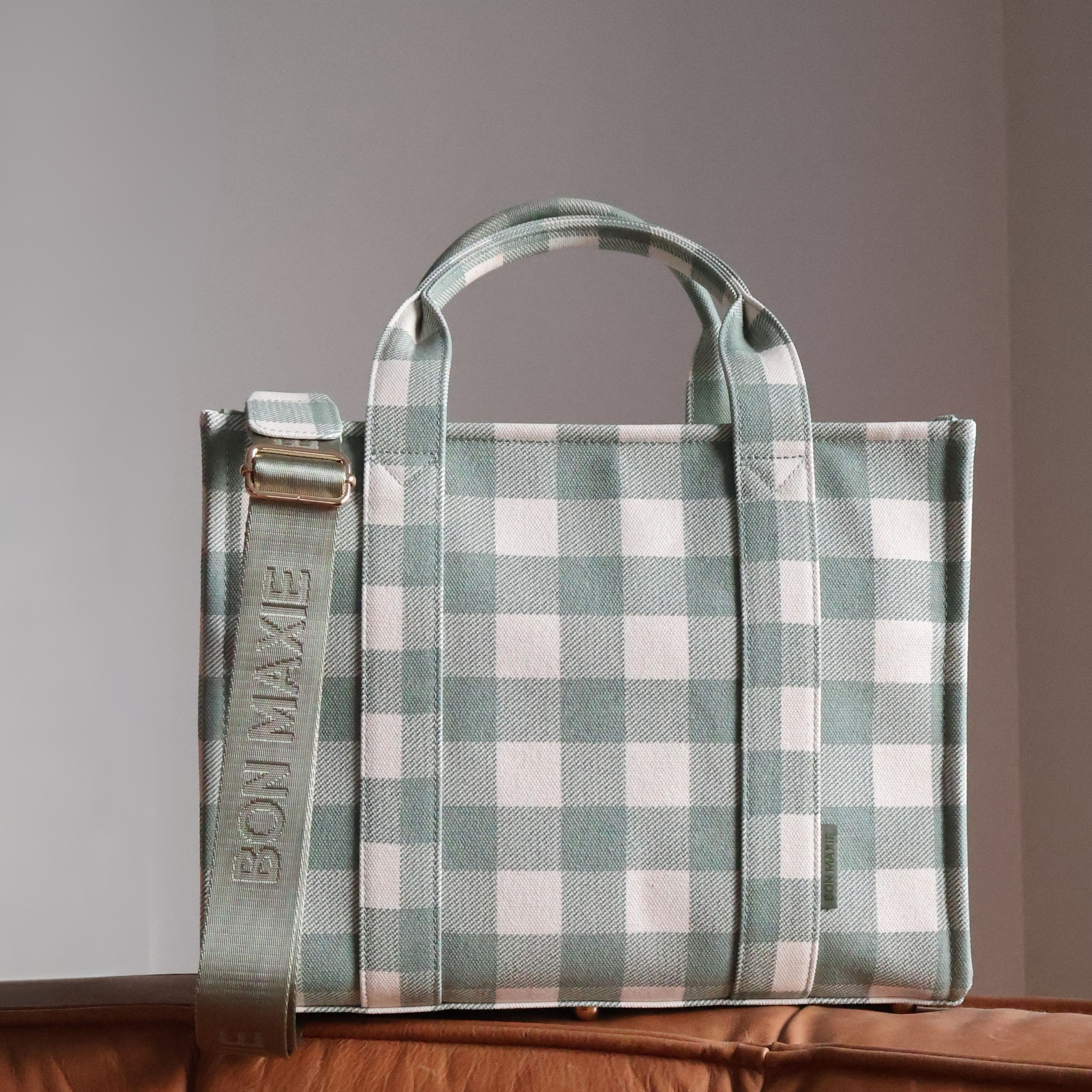 Small Structured Tote Bag in signature coated canvas -- Sage Gingham