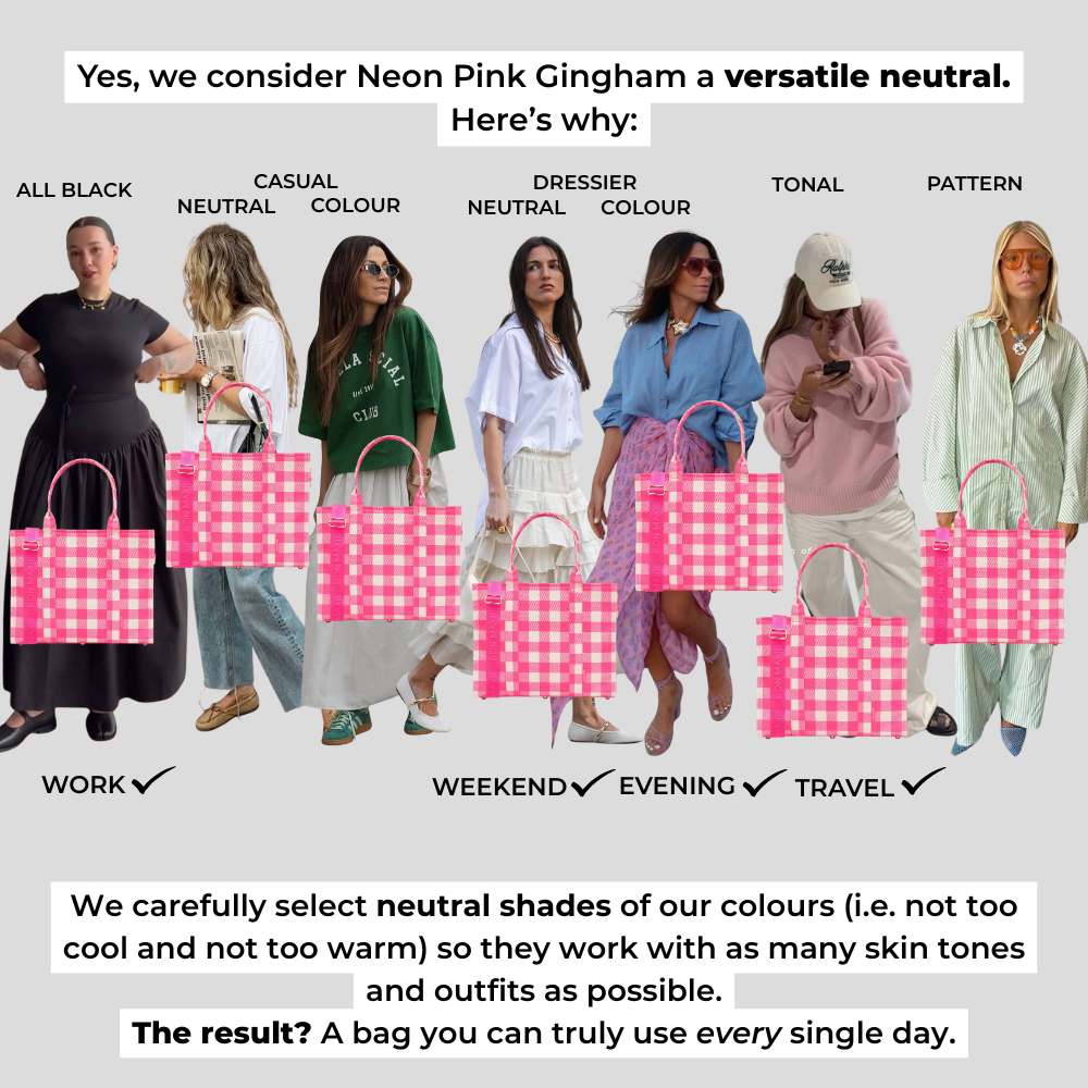 Large Structured Tote Bag in signature coated canvas -- Neon Pink Gingham