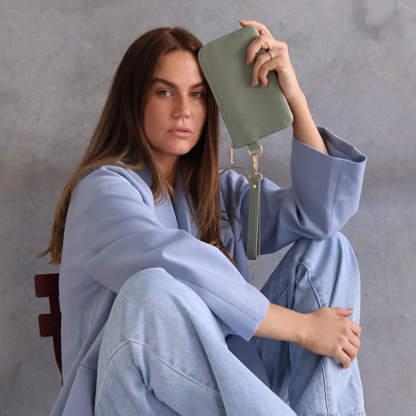 Phone Wallet Pouch in pebbled leather -- Sage