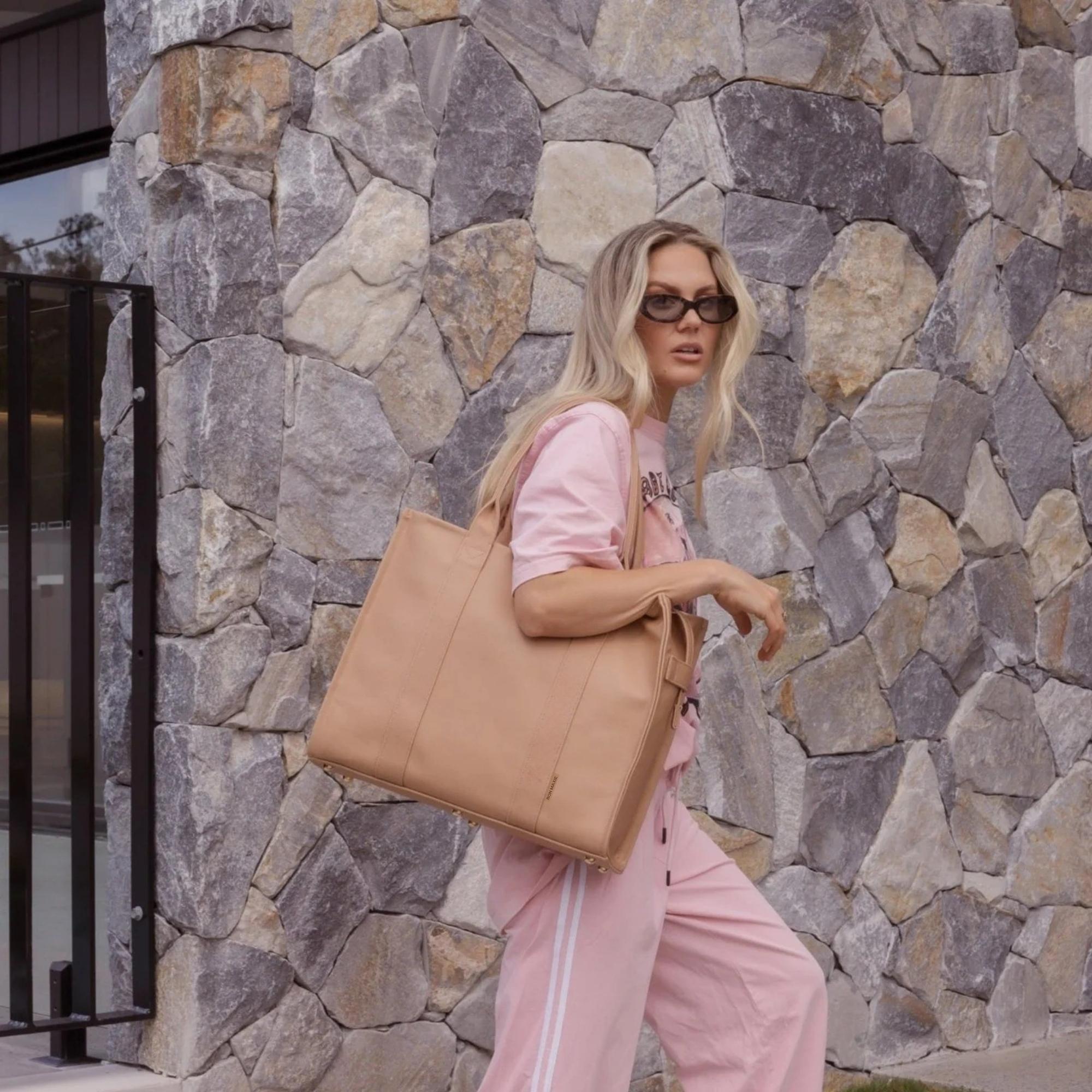 Large Structured Tote Bag in signature coated canvas -- Tan