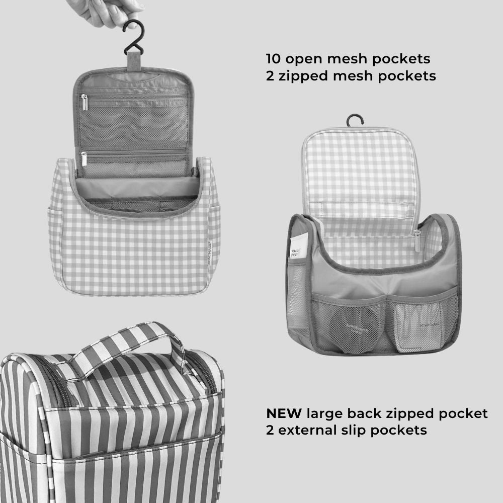 Hanging Toiletry Bag + Pouch Set with 15 pockets -- Neon Pink Gingham