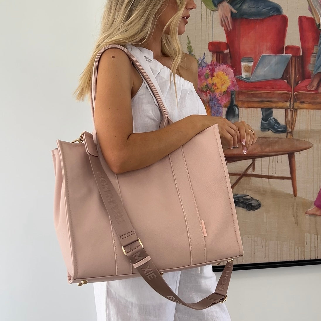 Large Structured Tote Bag in signature coated canvas -- Milk Tea