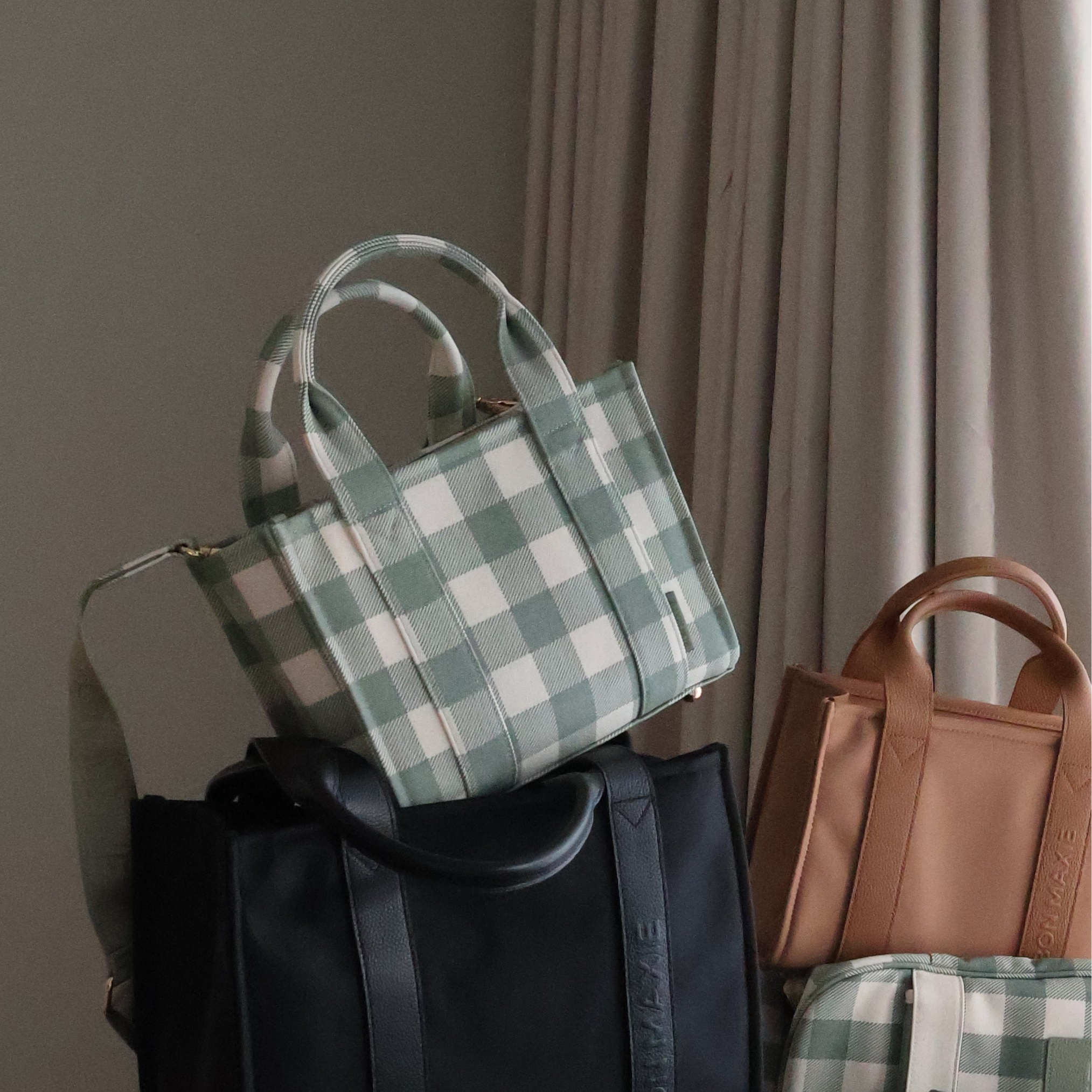 Micro Structured Tote Bag in signature coated canvas -- Sage Gingham
