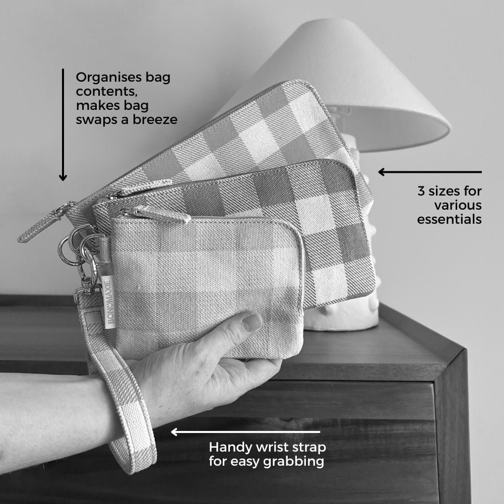Bag Buddy Pouch Set of 3 with wrist strap -- Black Gingham