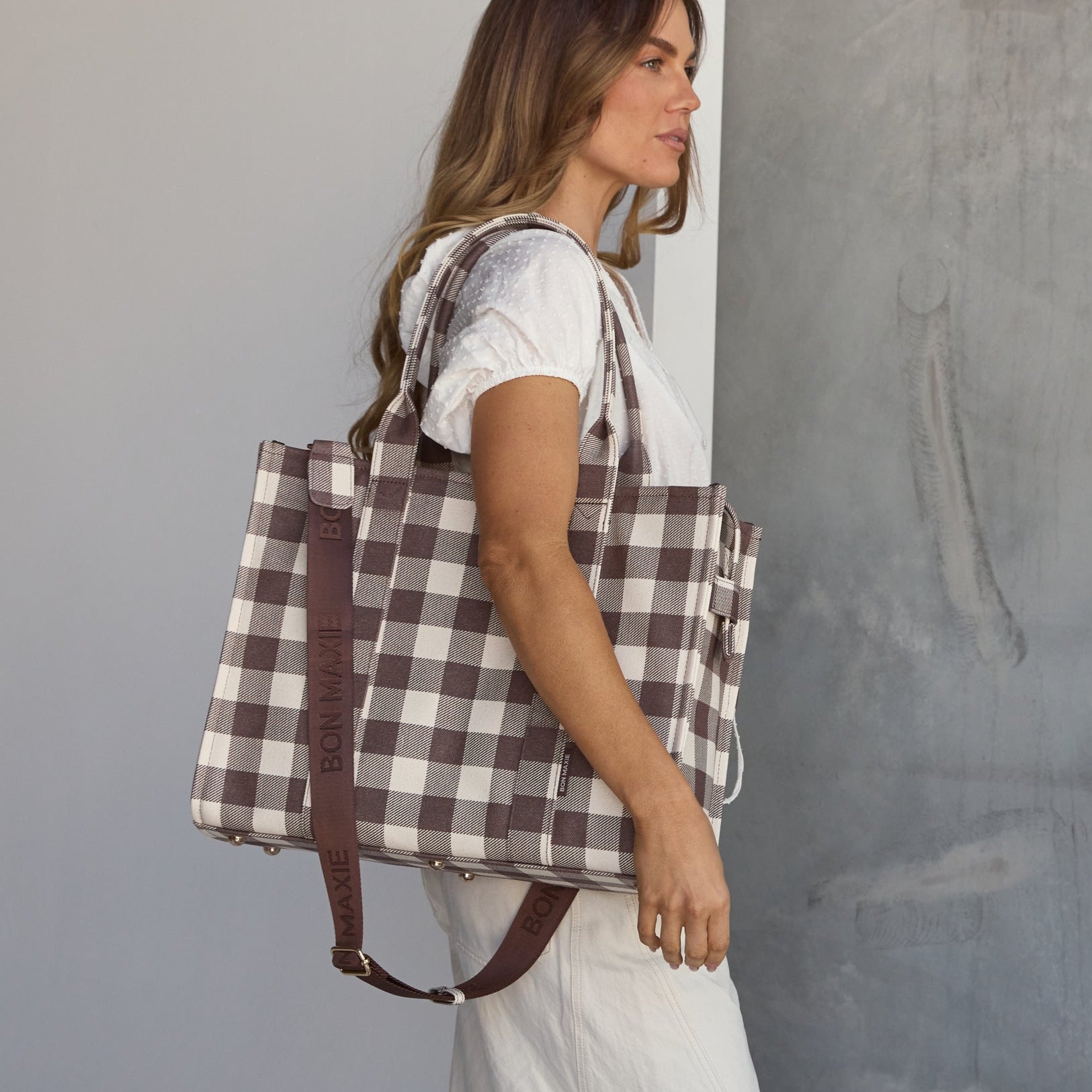 Large Structured Tote Bag in signature coated canvas -- Choc Gingham