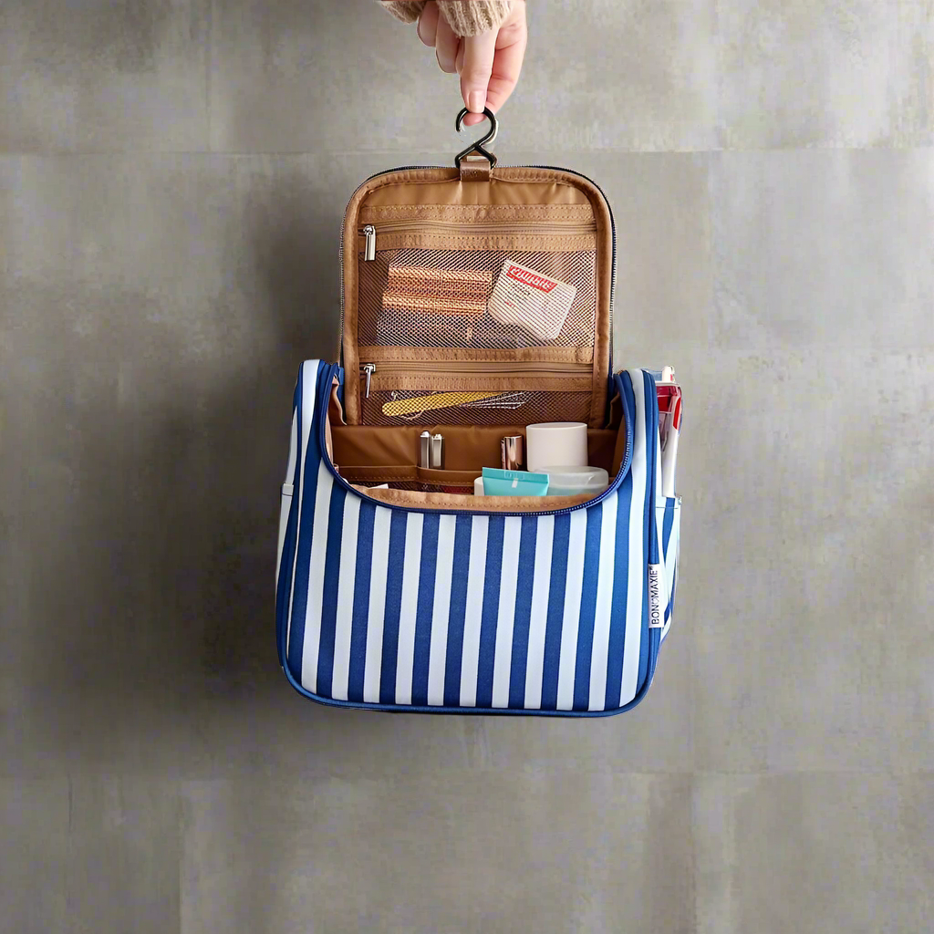 Hanging Toiletry Bag + Pouch Set with 15 pockets -- Blue Stripes