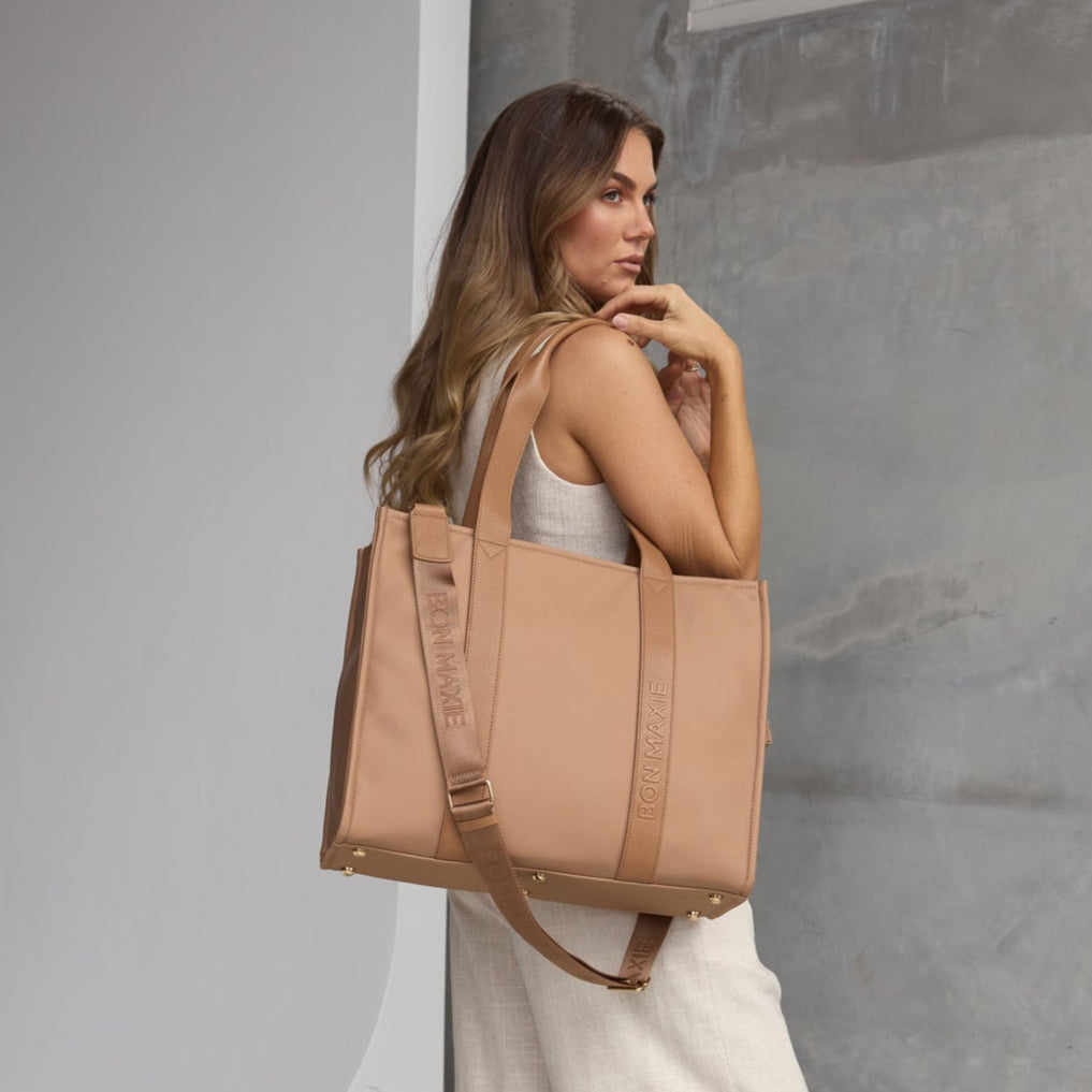 Large Structured Tote Bag - Tan (Leather/Nylon)