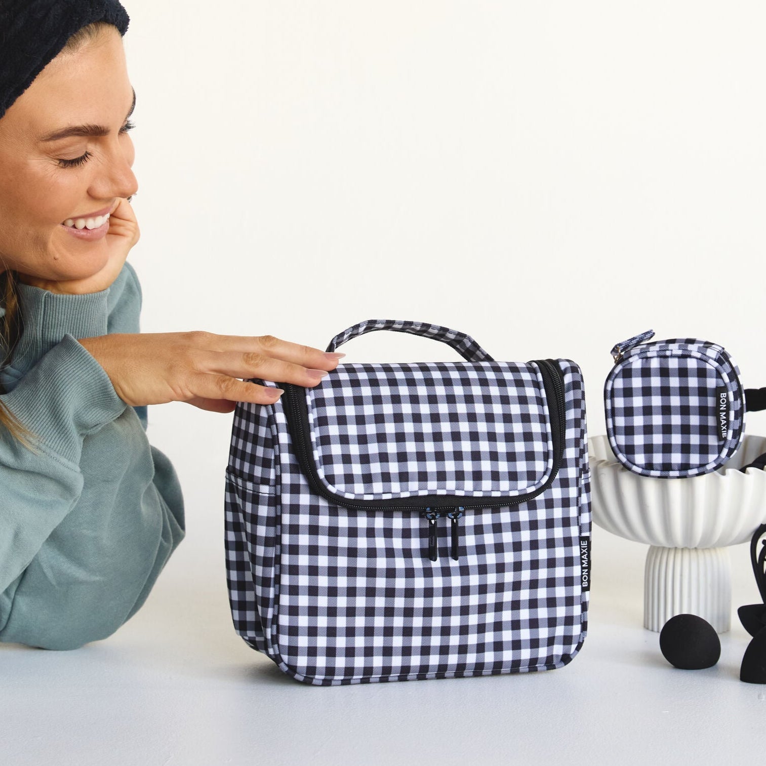 Hanging Toiletry Bag + Pouch Set – Black Gingham