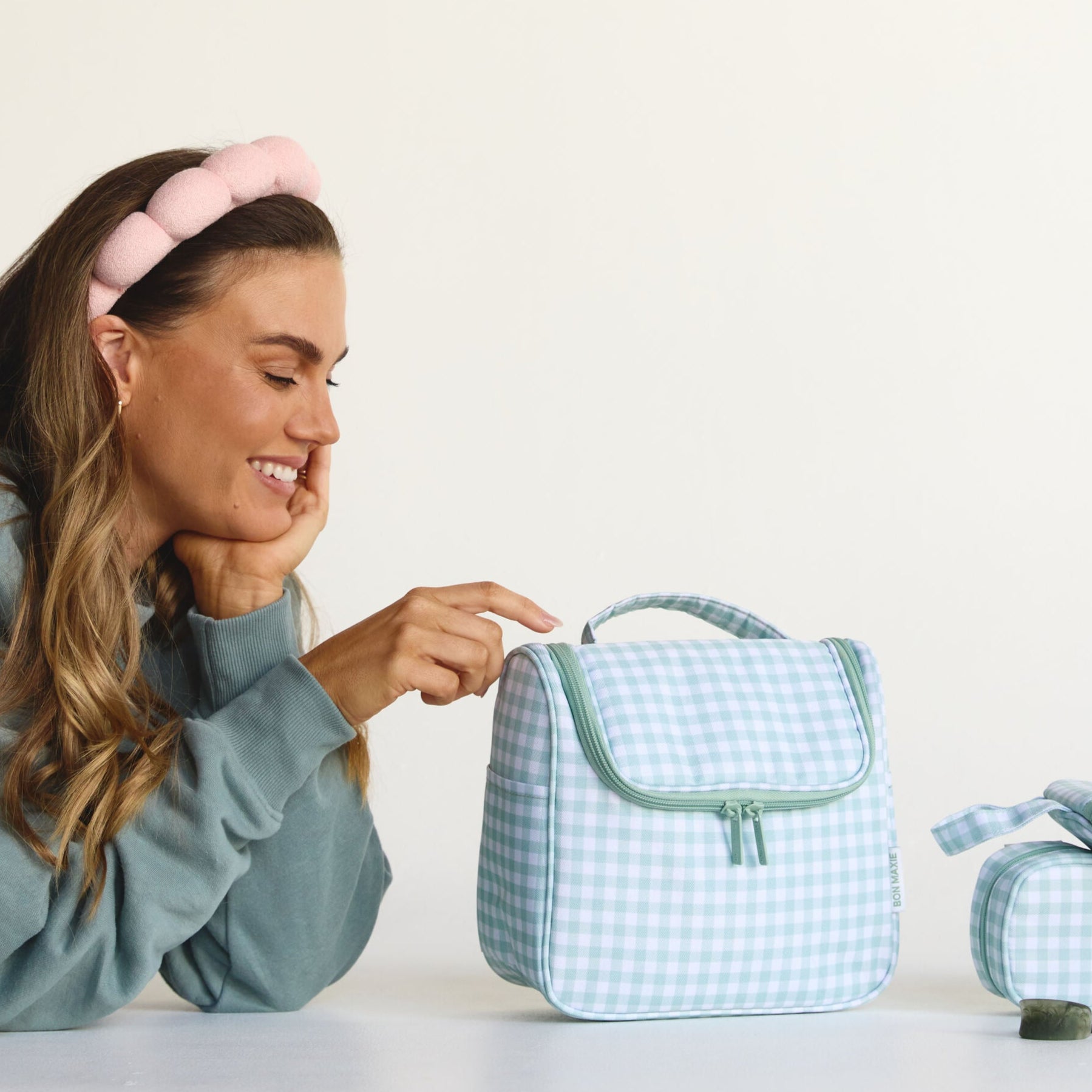Hanging Toiletry Bag + Pouch Set with 15 pockets -- Sage Gingham