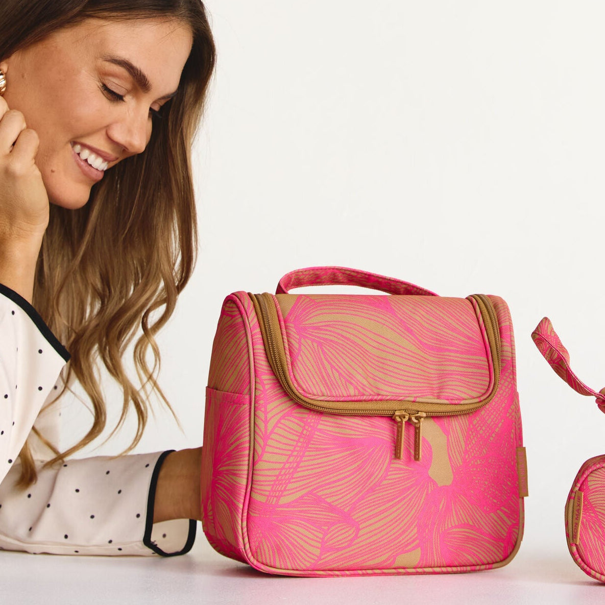 Hanging Toiletry Bag + Pouch Set with 15 pockets -- Pink/Tan Floral