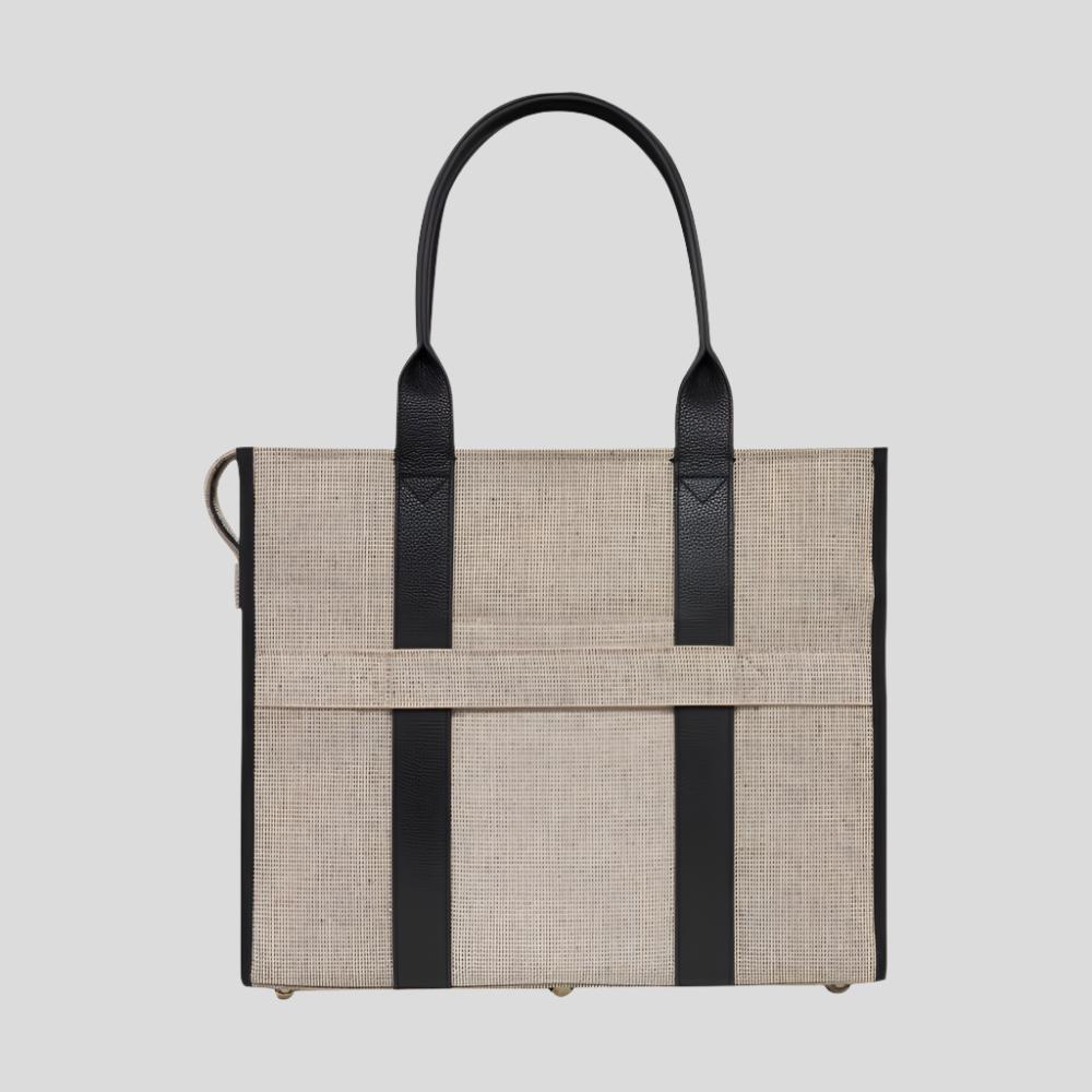 Large Bon Vivant Structured Tote Bag - Jute Canvas Black Leather Tote Bag