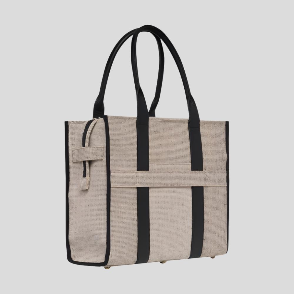 Large Bon Vivant Structured Tote Bag - Jute Canvas Black Leather Tote Bag