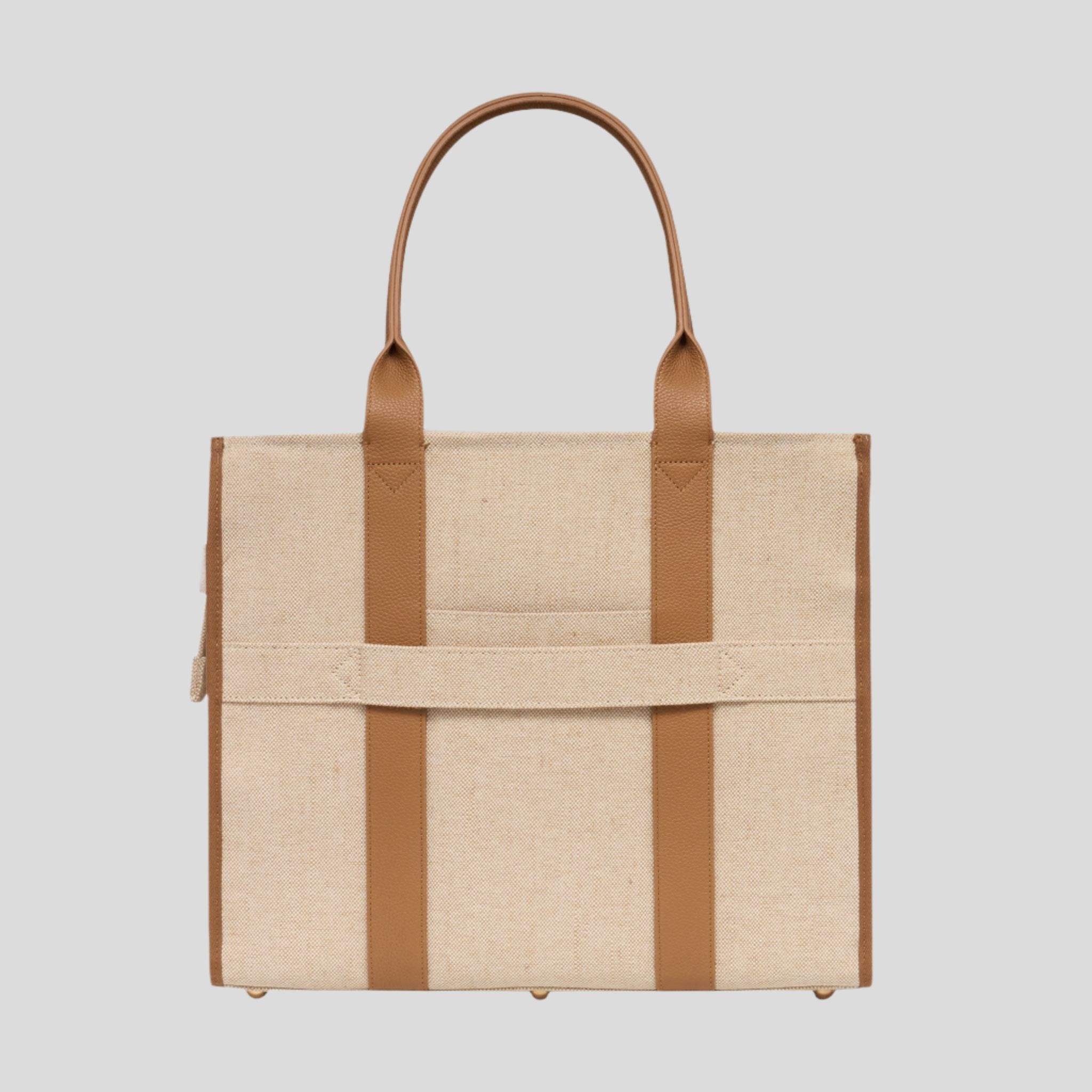 Large Bon Vivant Structured Tote Bag - Jute Canvas Tan Leather Tote Bag