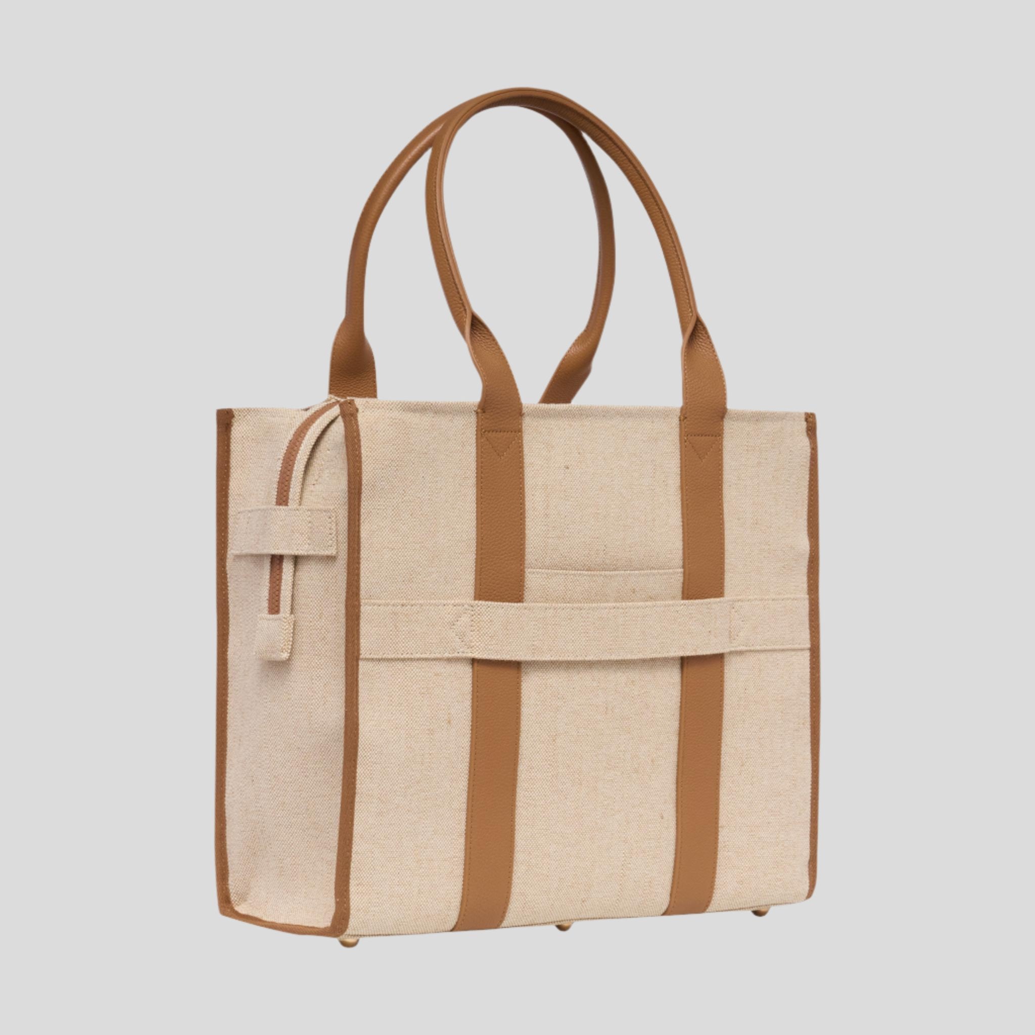 Large Bon Vivant Structured Tote Bag - Jute Canvas Tan Leather Tote Bag