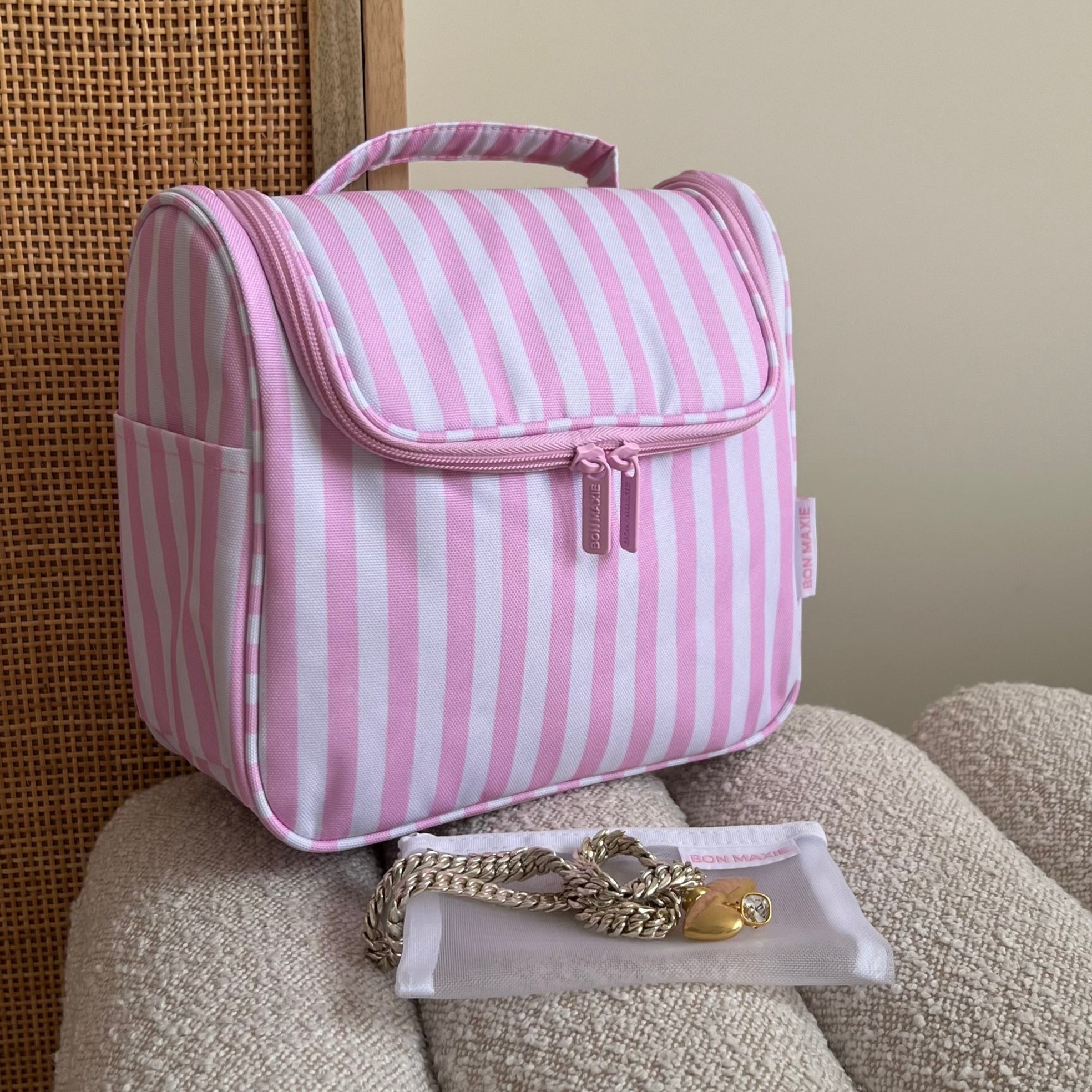 Hanging Toiletry Bag + Pouch Set with 15 pockets -– Blush Stripe
