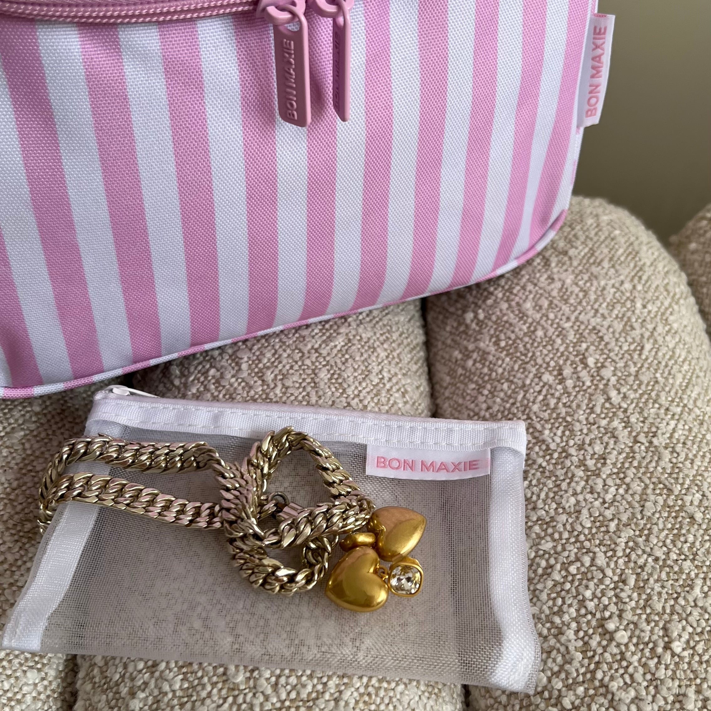 Hanging Toiletry Bag + Pouch Set with 15 pockets -– Blush Stripe