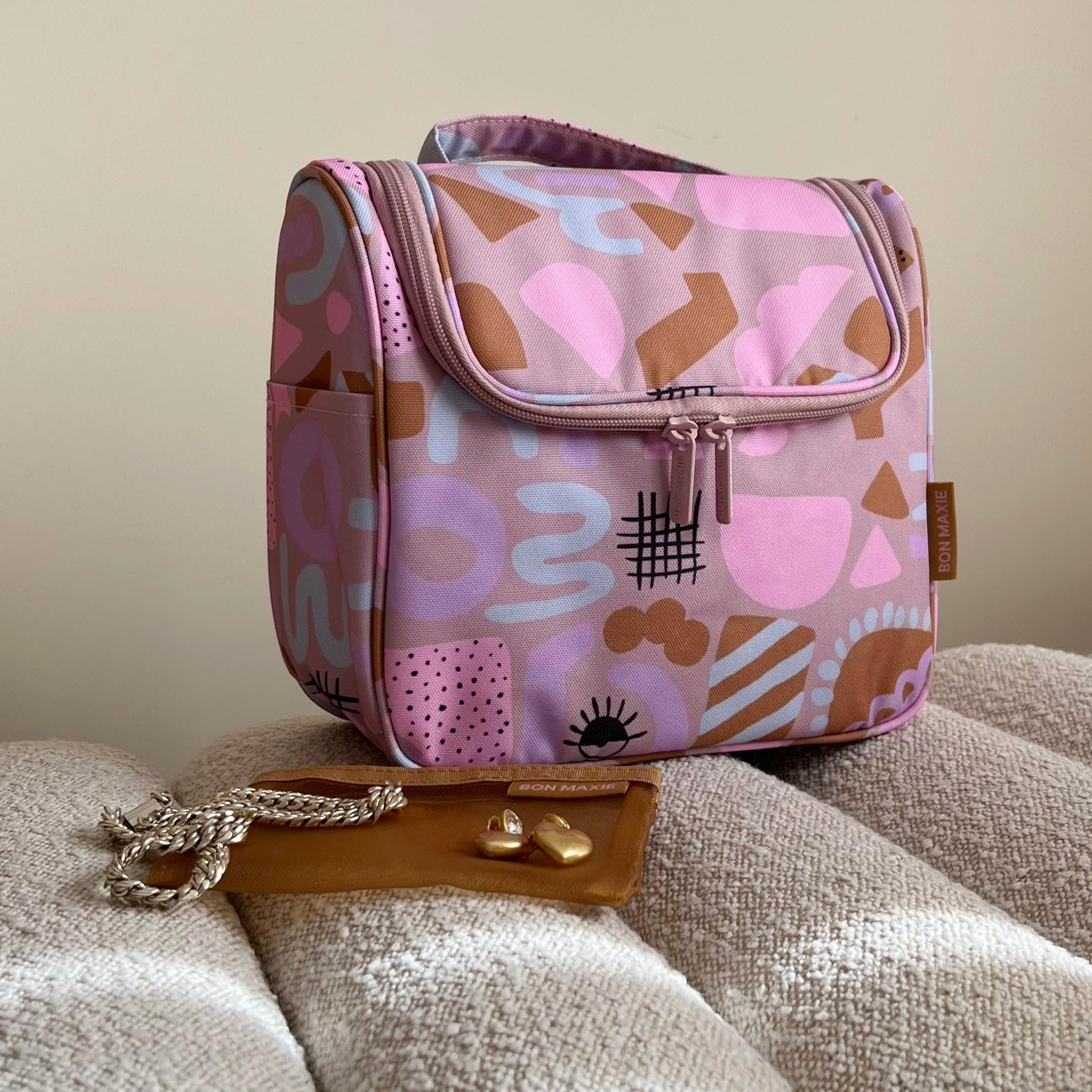Hanging Toiletry Bag + Pouch Set with 15 pockets -- Eye Love Dusty Rose