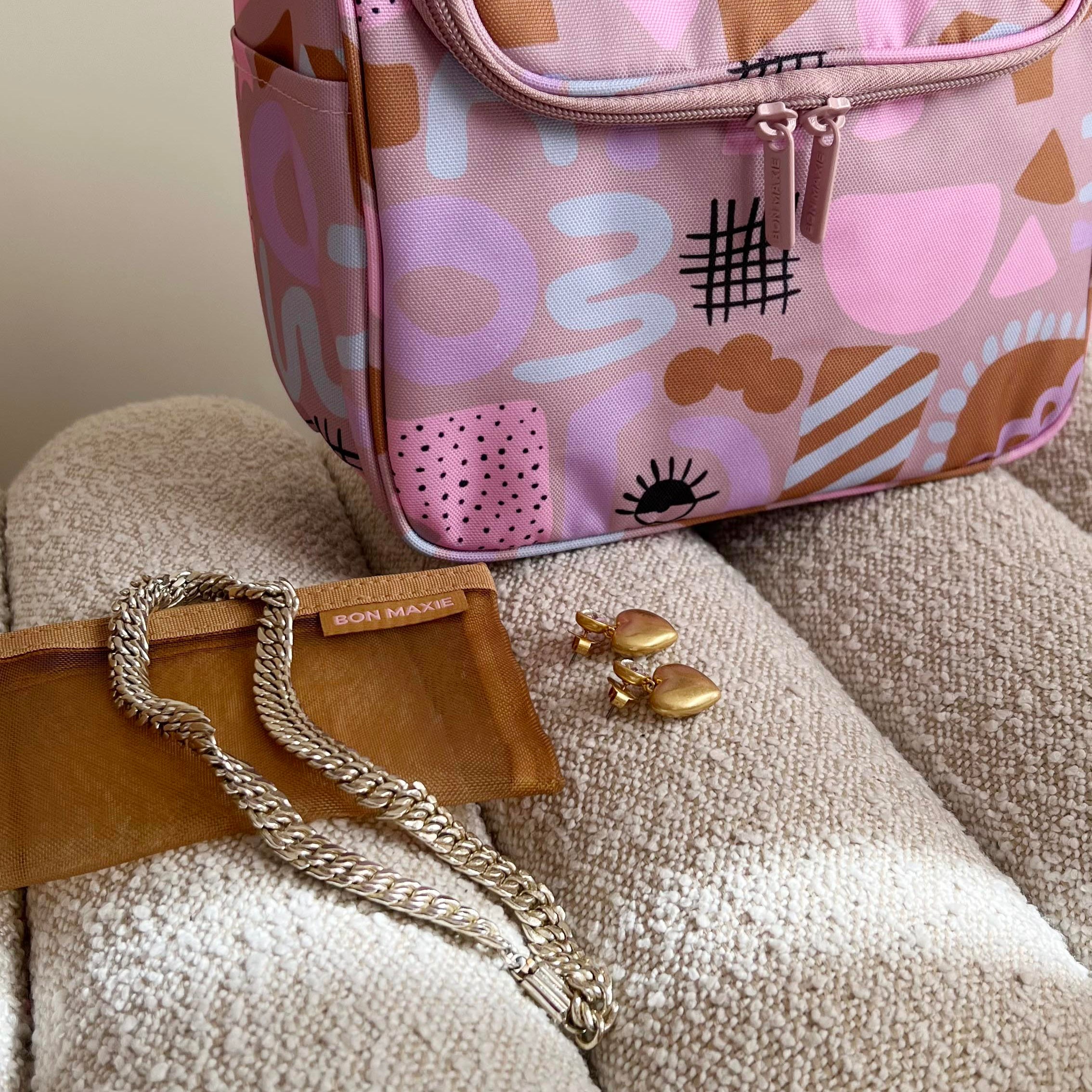 Hanging Toiletry Bag + Pouch Set with 15 pockets -- Eye Love Dusty Rose