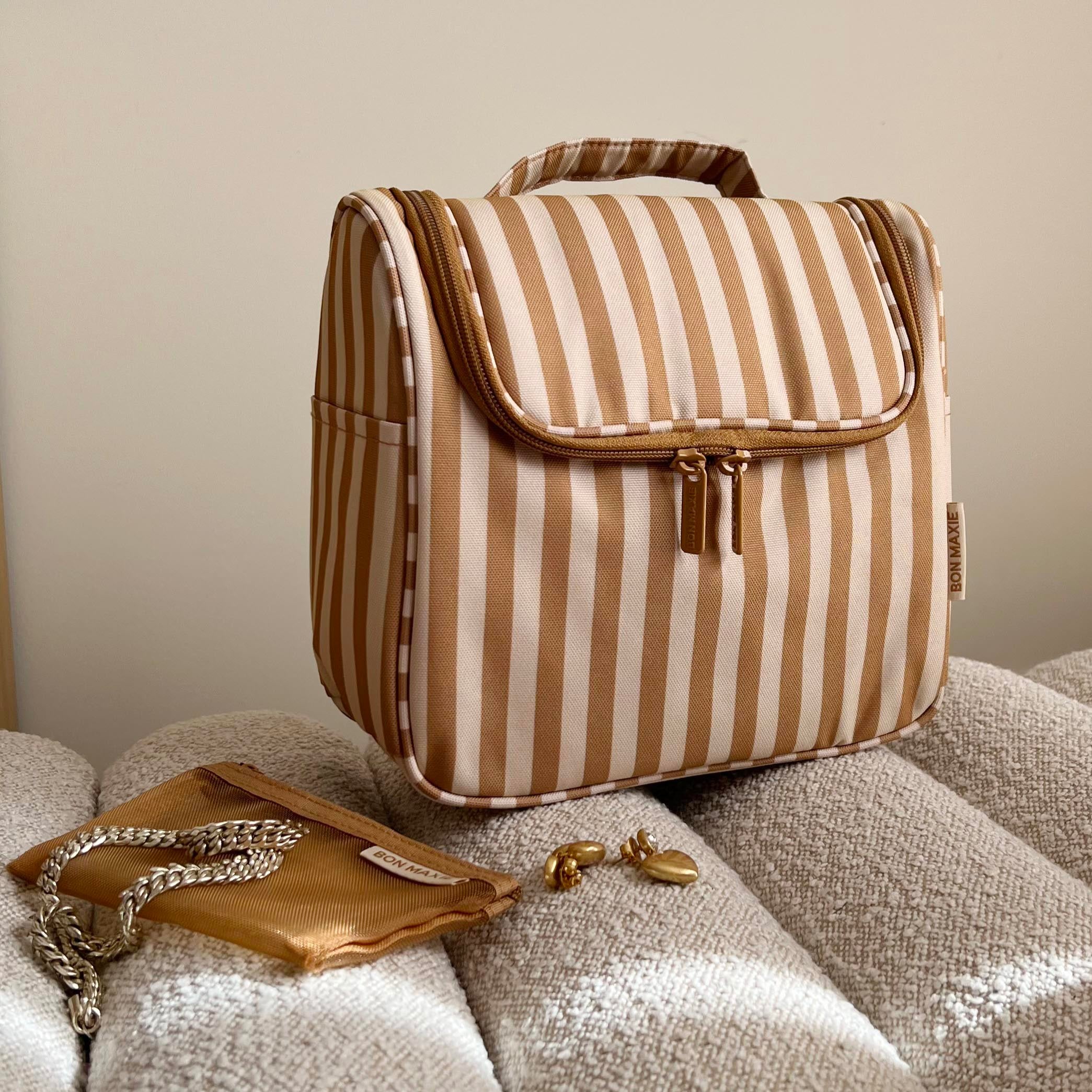 Hanging Toiletry Bag + Pouch Set with 15 pockets -- Tan Stripe