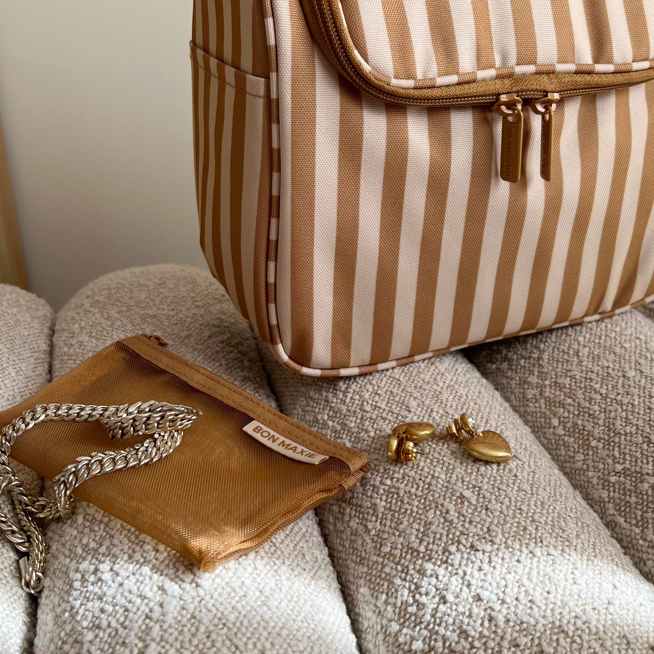Hanging Toiletry Bag + Pouch Set with 15 pockets -- Tan Stripe