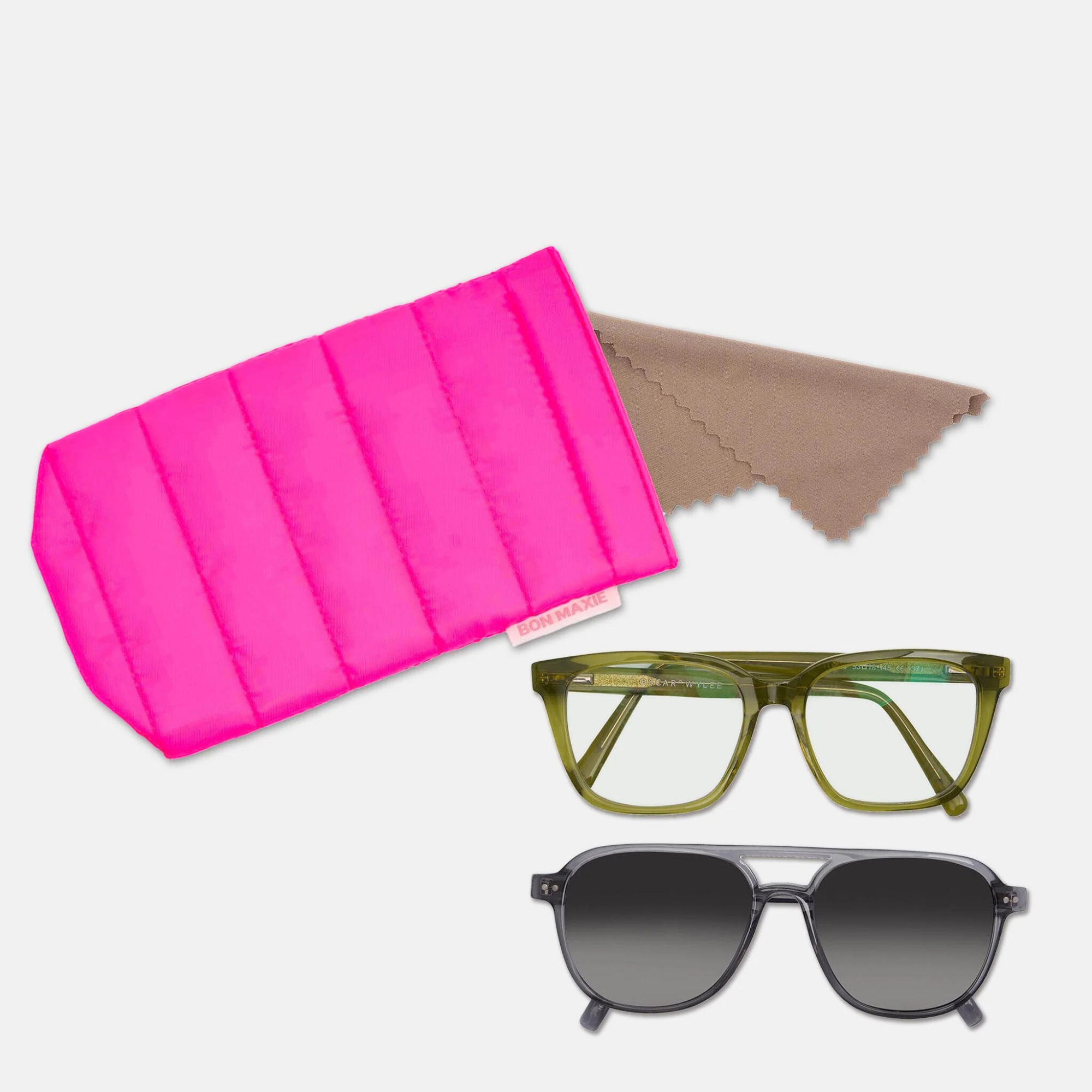 Double Easy-Squeezy Glasses Case with built-in lens cloth -- Neon Pink