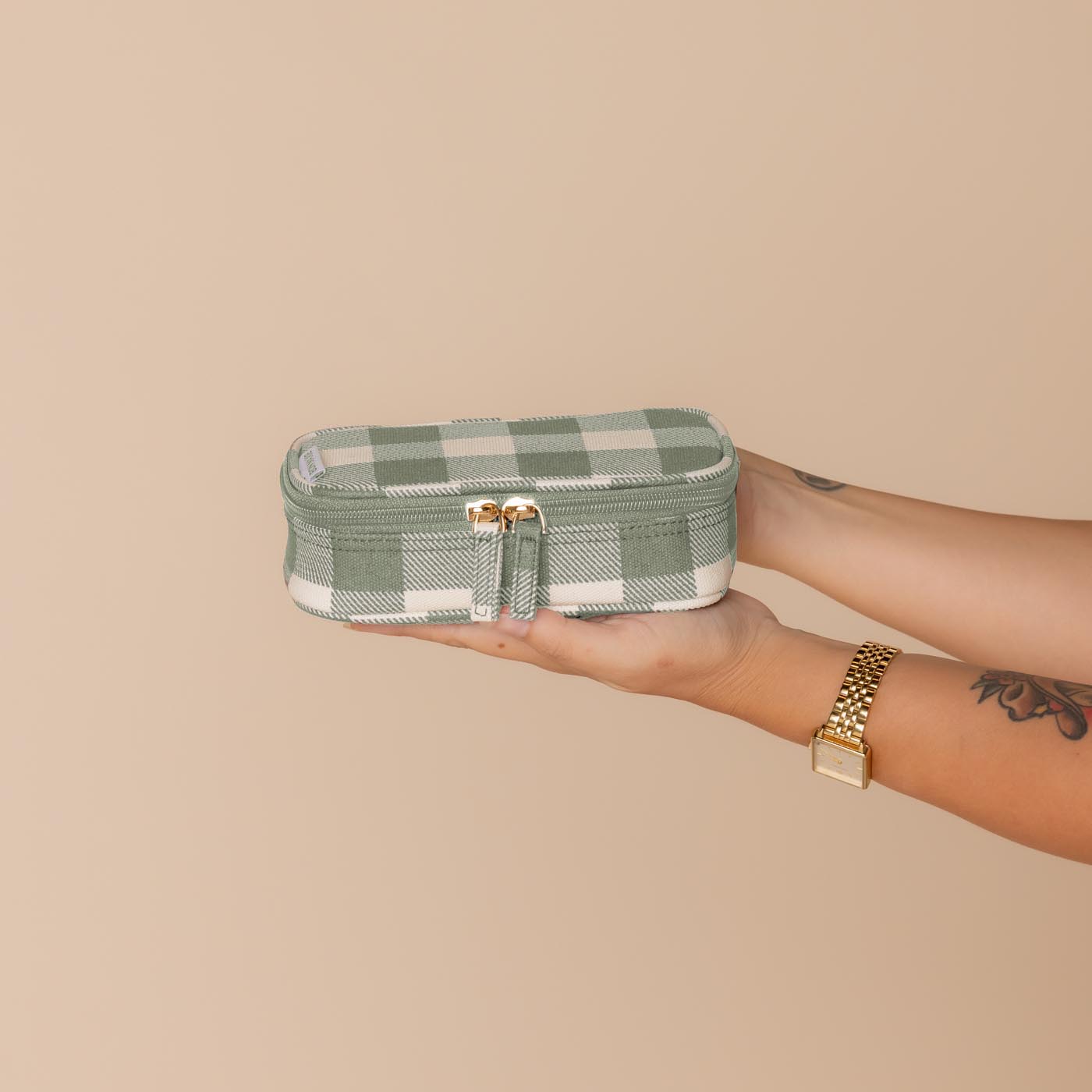 Handy Handle Case in signature coated canvas -- Sage Gingham