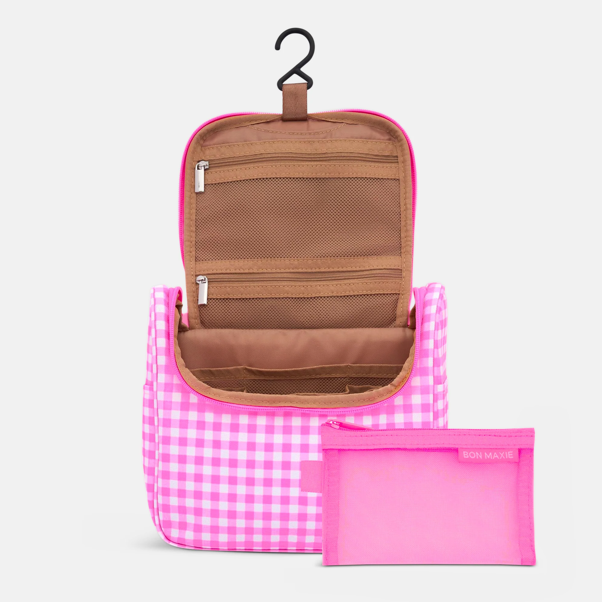 Load video: Hanging Toiletry Bag + Pouch Set with 15 pockets -- Neon Pink Gingham