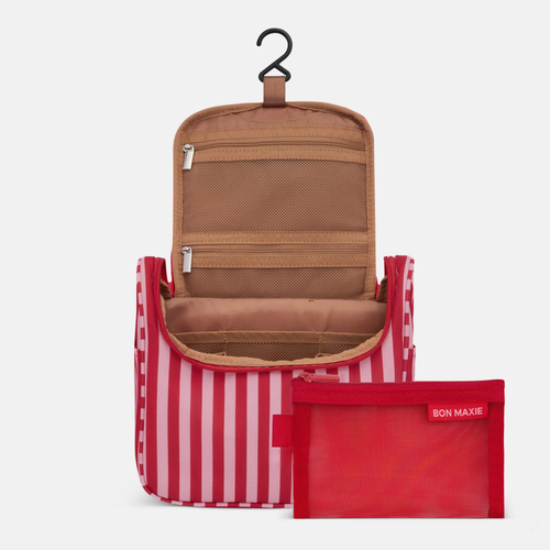 Hanging Toiletry Bag + Pouch Set with 15 pockets -- Pink/Red Stripe