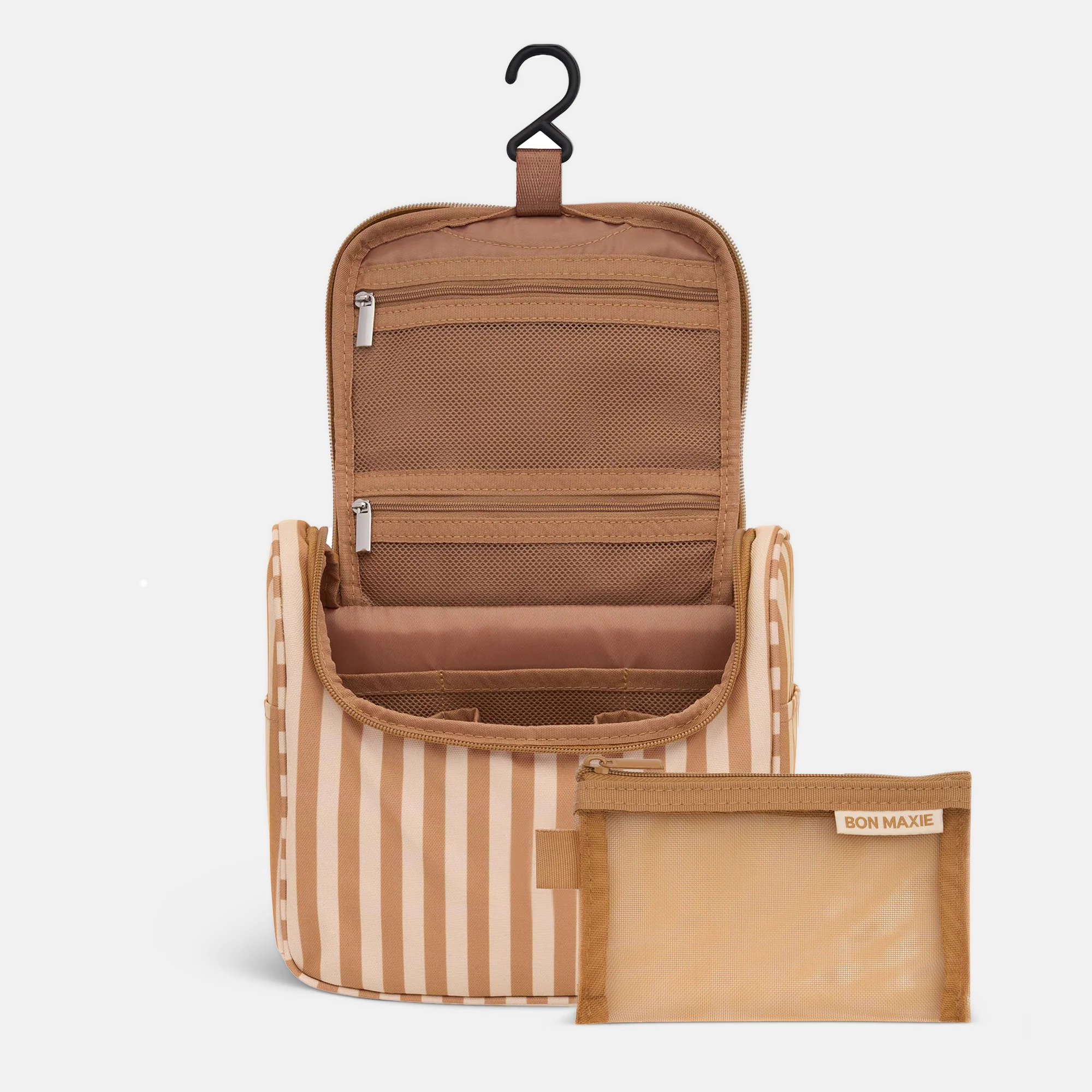 Load video: Hanging Toiletry Bag + Pouch Set with 15 pockets -- Tan Stripe