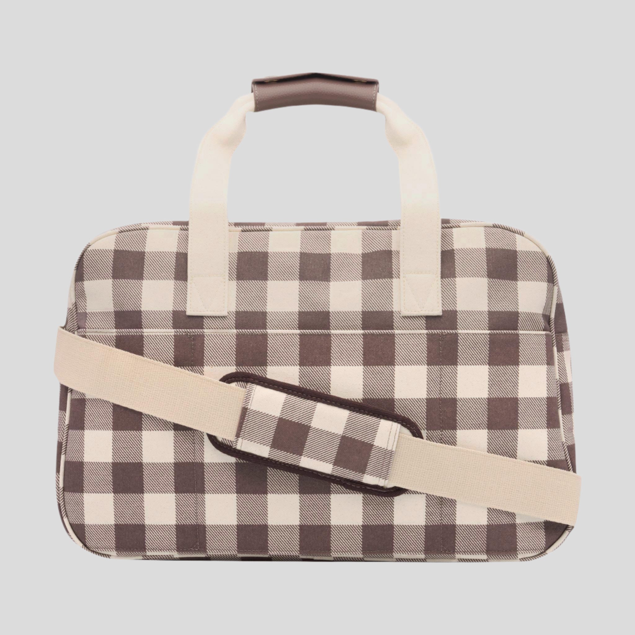 Bon Voyage Weekender Bag in signature coated canvas + leather -- Chocolate Gingham