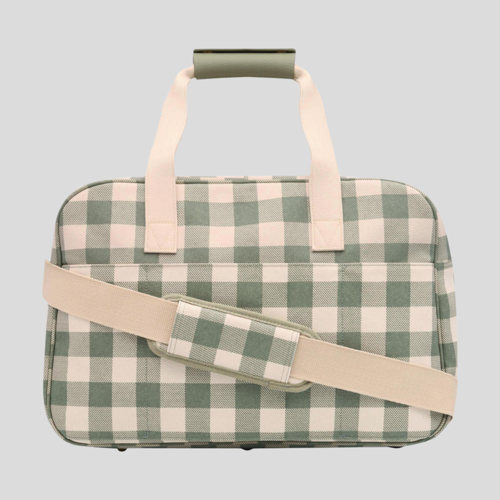 Bon Voyage Weekender Bag in signature coated canvas + leather -- Sage Gingham