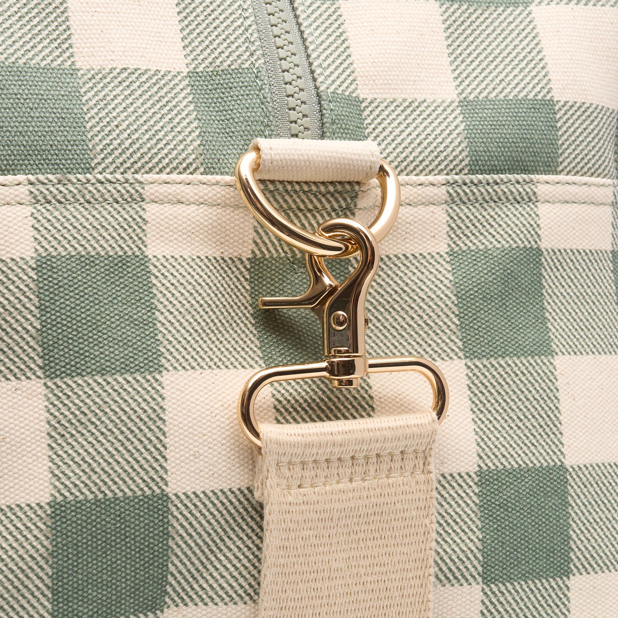 Bon Voyage Weekender Bag in signature coated canvas + leather -- Sage Gingham