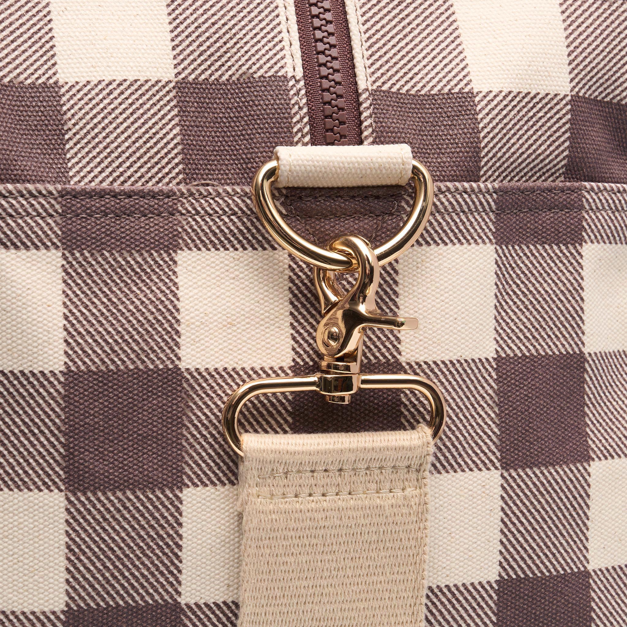 Bon Voyage Weekender Bag in signature coated canvas + leather -- Chocolate Gingham