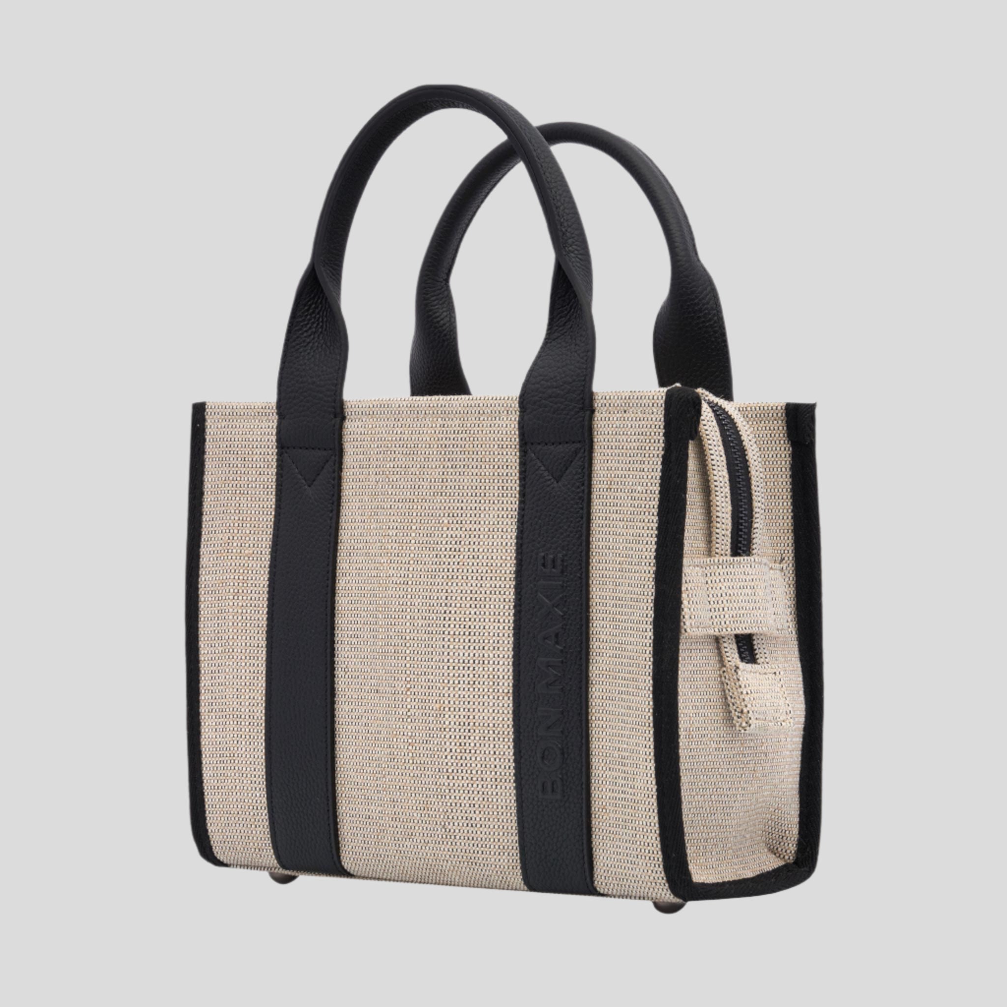 Micro Structured Tote Bag in jute canvas with leather -- Black