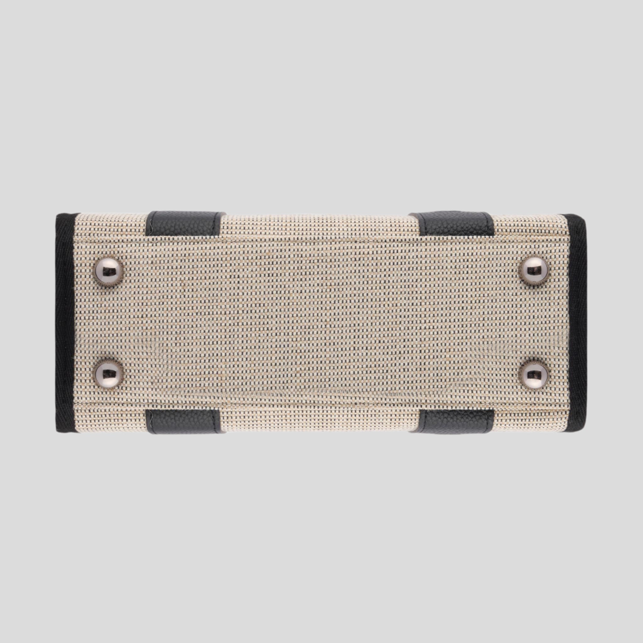 Micro Structured Tote Bag in jute canvas with leather -- Black