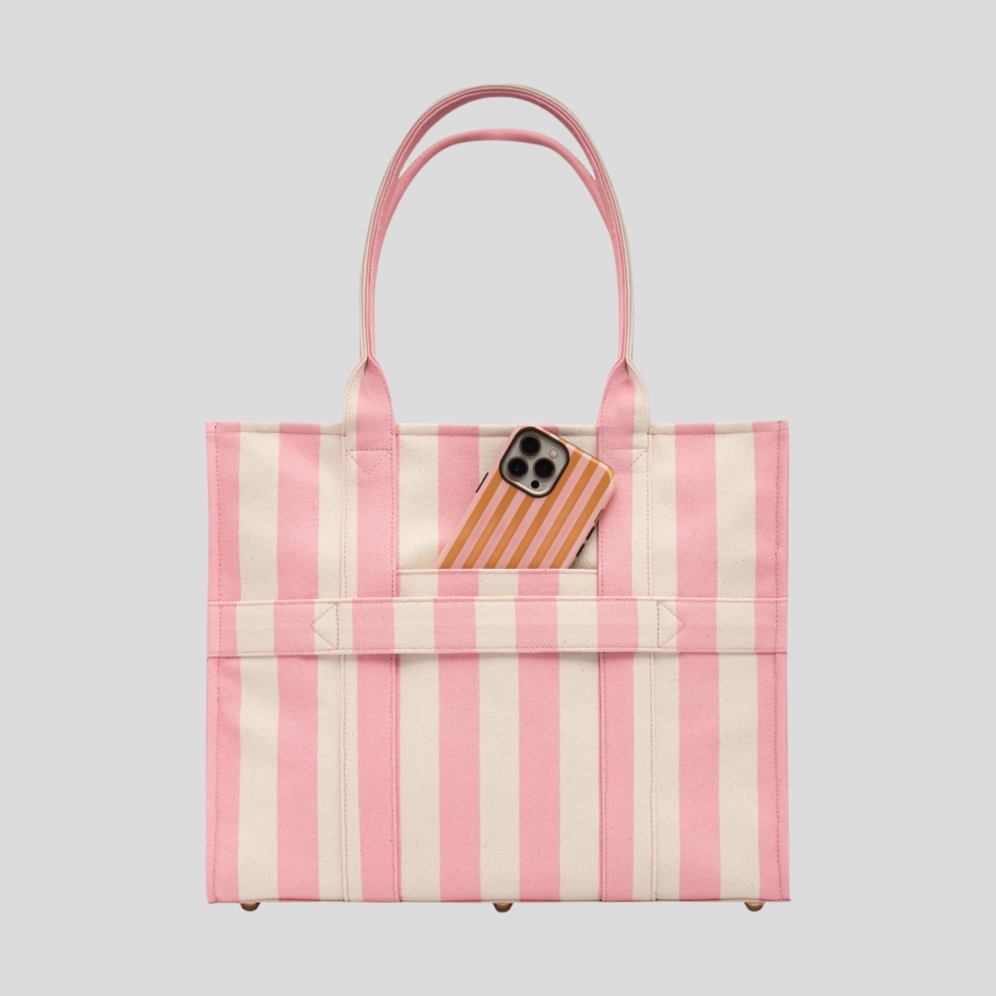 Large Structured Tote Bag in signature coated canvas -- Blush Stripe