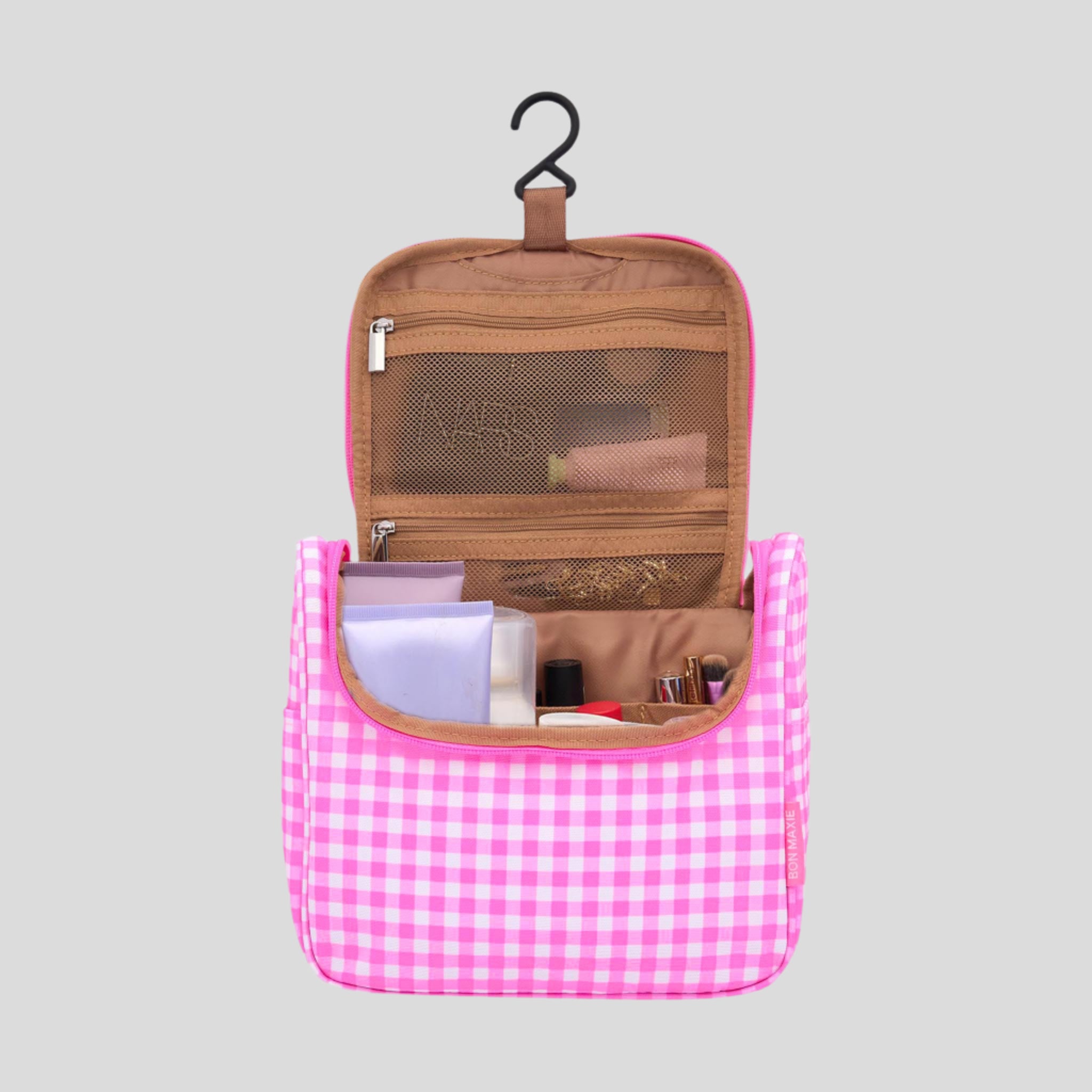 Hanging Toiletry Bag + Pouch Set with 15 pockets -- Neon Pink Gingham