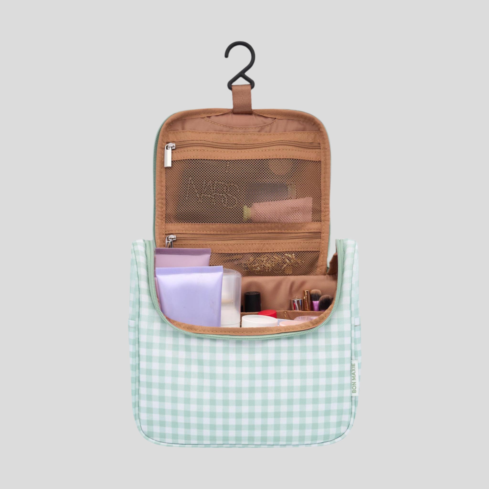 Hanging Toiletry Bag + Pouch Set with 15 pockets -- Sage Gingham