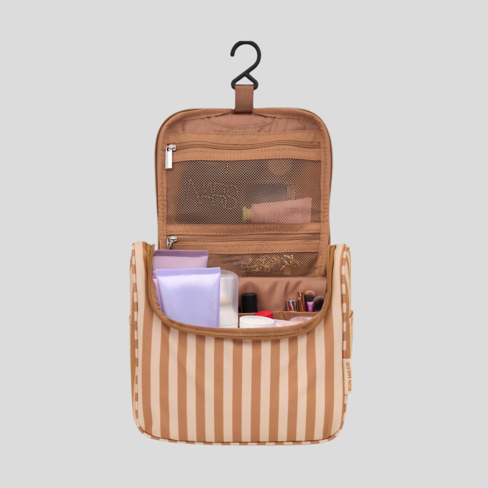 Hanging Toiletry Bag + Pouch Set with 15 pockets -- Tan Stripe