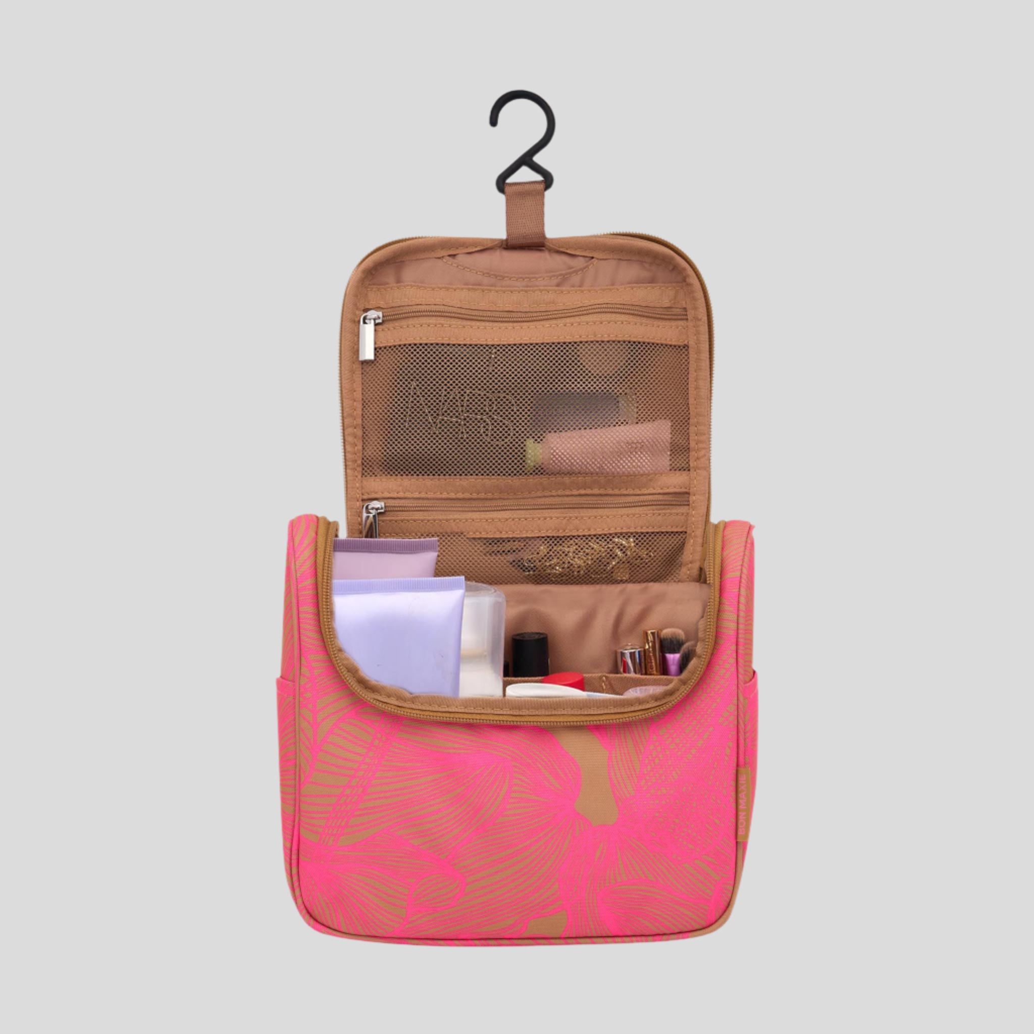 Hanging Toiletry Bag + Pouch Set with 15 pockets -- Pink/Tan Floral