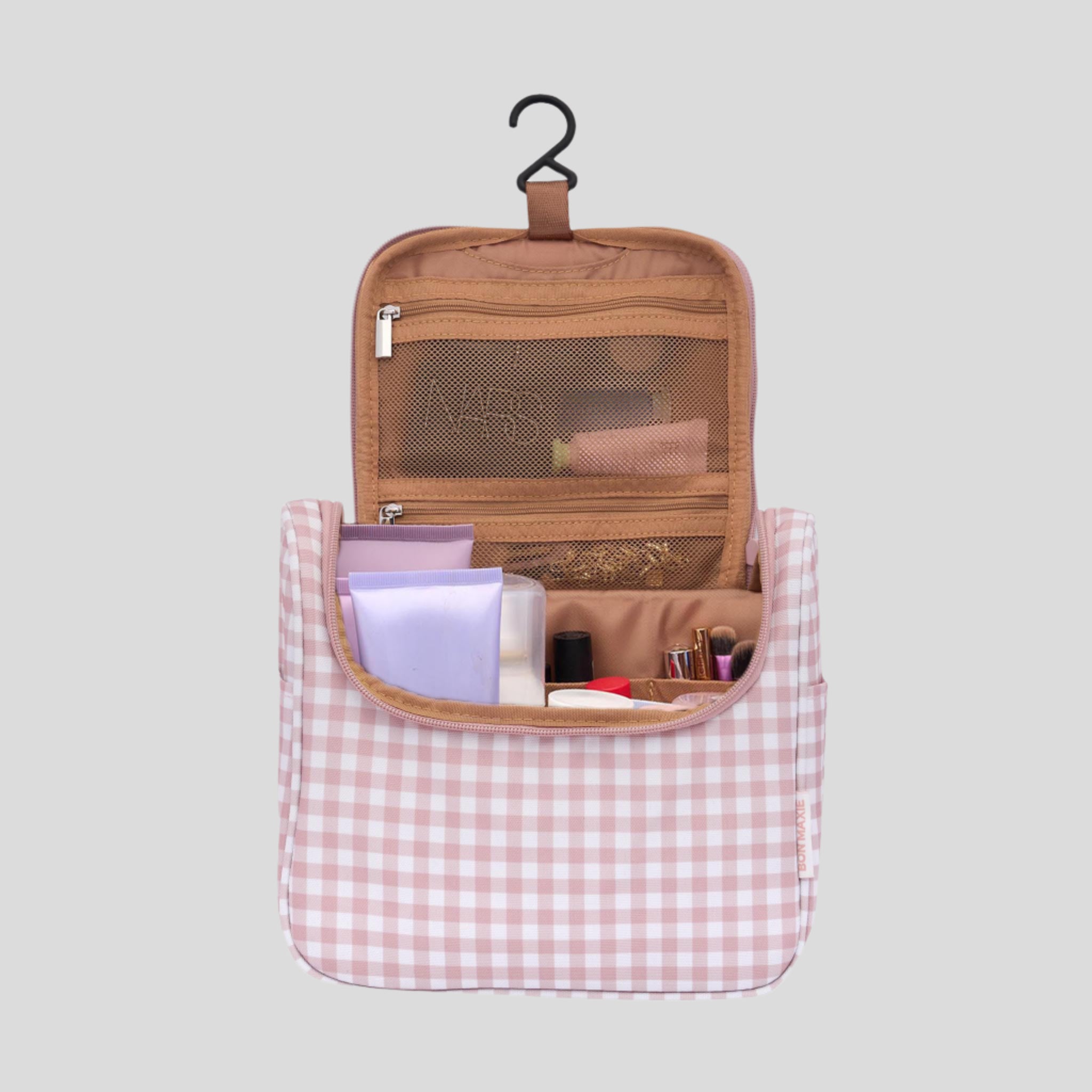 Hanging Toiletry Bag + Pouch Set with 15 pockets -- Milk Tea Gingham