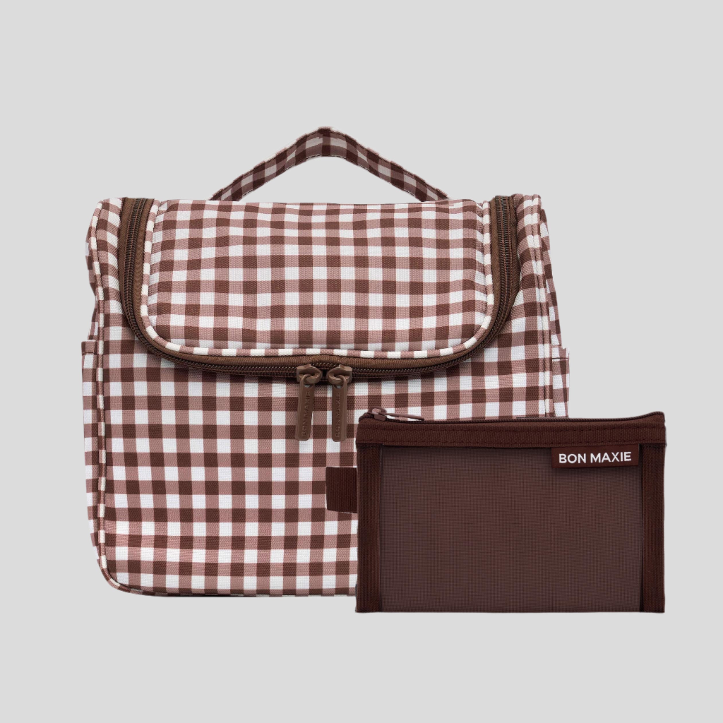 Hanging Toiletry Bag + Pouch Set with 15 pockets -- Choc Gingham