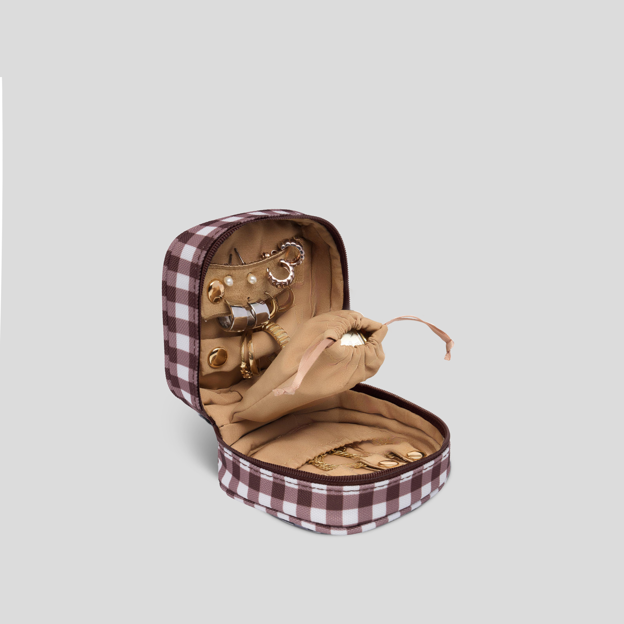 Travel Jewellery Case -- Chocolate Gingham