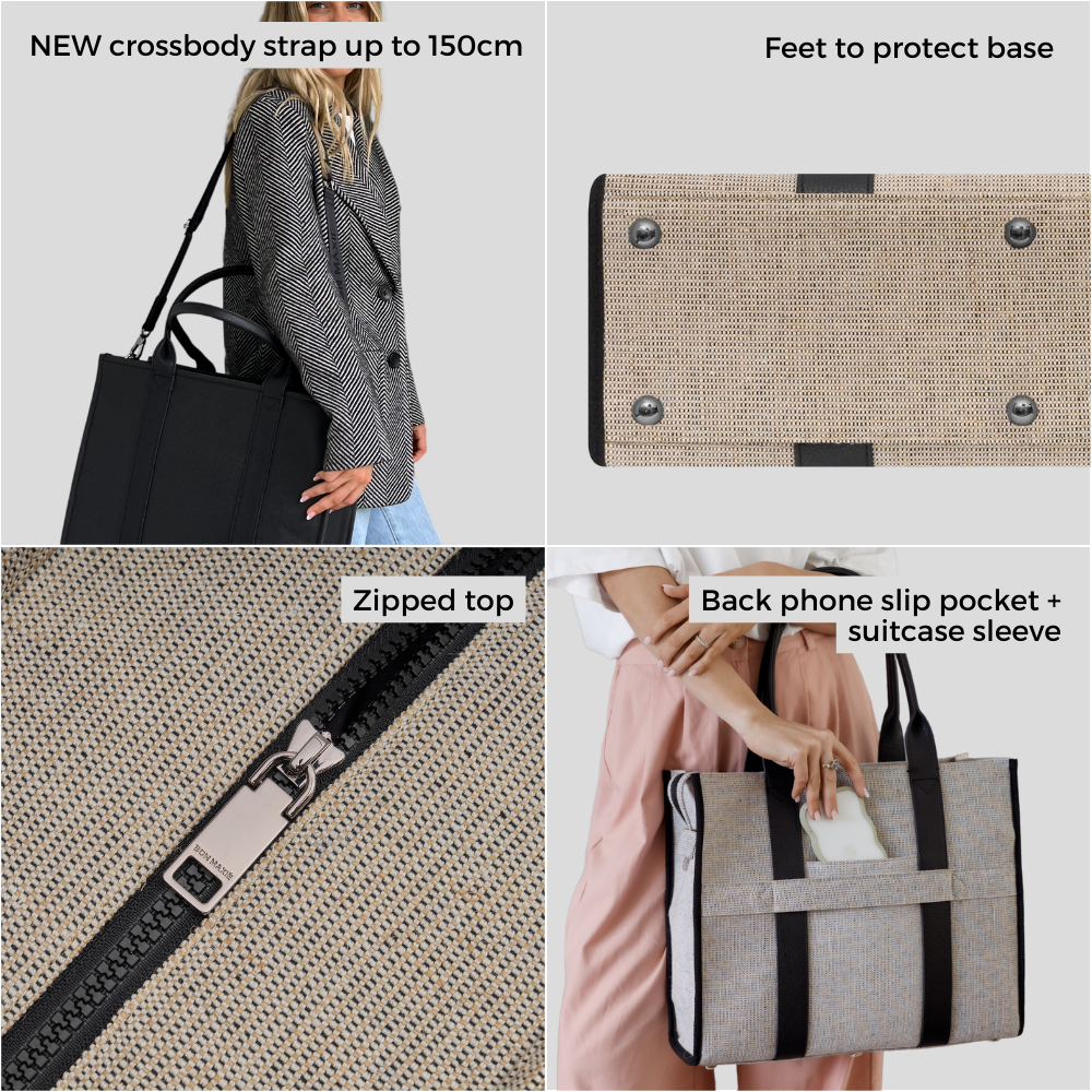 Large Structured Tote Bag in jute canvas with leather -- Black