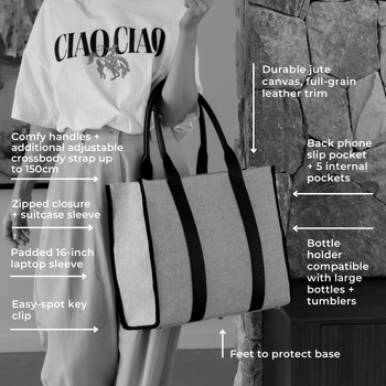 Large Structured Tote Bag in jute canvas with leather -- Black