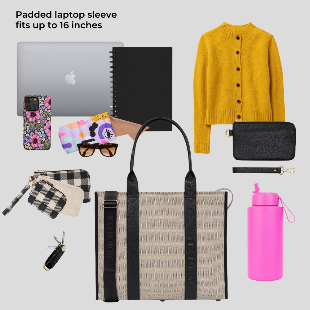 Large Structured Tote Bag in jute canvas with leather -- Black