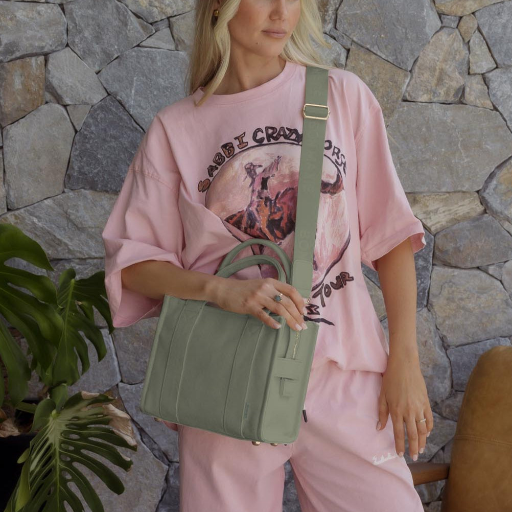 Micro Structured Tote Bag in signature coated canvas -- Sage