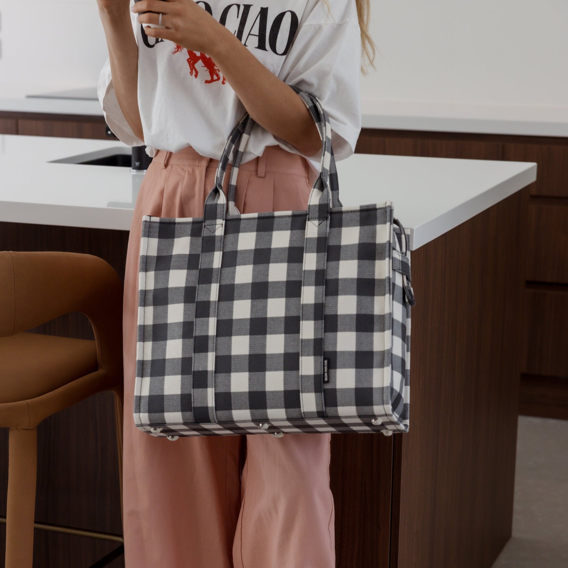 Large Structured Tote Bag in signature coated canvas -- Black Gingham